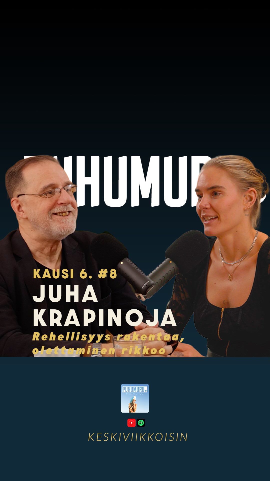 Uusi jakso ❣️❣️❣️ KAUSI 6. #8 Juha Krapinoja – Rehellisyys rakentaa, olettaminen rikkoo
Tässä jaksossa vieraana on Juha Krapinoja, ikiskarppi ja utelias ajattelija, jossa on yhä tallella ihailtava, melkein ikinuori energia. Juha on 70-luvun nuoria, oman aikansa seksuaalikasvatuksen kasvatti, ja juuri siksi hänen näkökulmansa on myös erityisen kiinnostava: miten paljon ajattelu voi elämän aikana muuttua, syventyä ja avartua.
Puhumme siitä, miten seksi nähtiin aiemmin helposti suorittamisena tai jopa mekaanisena asiana. Että parisuhteessa nyt vaan pannaan, ilman että siihen olisi välttämättä liittynyt sen syvempää yhteyttä, kommunikaatiota tai ymmärrystä. Juha sanoittaa myös suoraan sitä, miten naista saatettiin ajatella ikään kuin koneena: että kun painaa oikeasta kohdasta, saa halutun reaktion. Ja jos nainen ei itse esittänyt toiveita, ajateltiin helposti, ettei niitä ehkä ollutkaan.
Elämä on kuitenkin opettanut Juhalle jotain paljon syvempää. Tässä jaksossa puhumme siitä, miten tärkeää parisuhteessa on rehellisyys, luottamus, kommunikointi ja myös henkinen yhteys. Siitä, miten vaarallista on olettaa toisen puolesta yhtään mitään. Ja siitä, miten luottamus rakentuu hitaasti, kerros kerrokselta, mutta voi särkyä yhdessä hetkessä.
Tämä on jakso kasvusta, oivalluksista ja siitä, mitä tapahtuu, kun ihminen uskaltaa katsoa itseään rehellisesti ja oppia matkansa varrella jotain olennaista rakkaudesta, seksuaalisuudesta ja ihmisyydestä. #parisuhde #puhumurupodcast