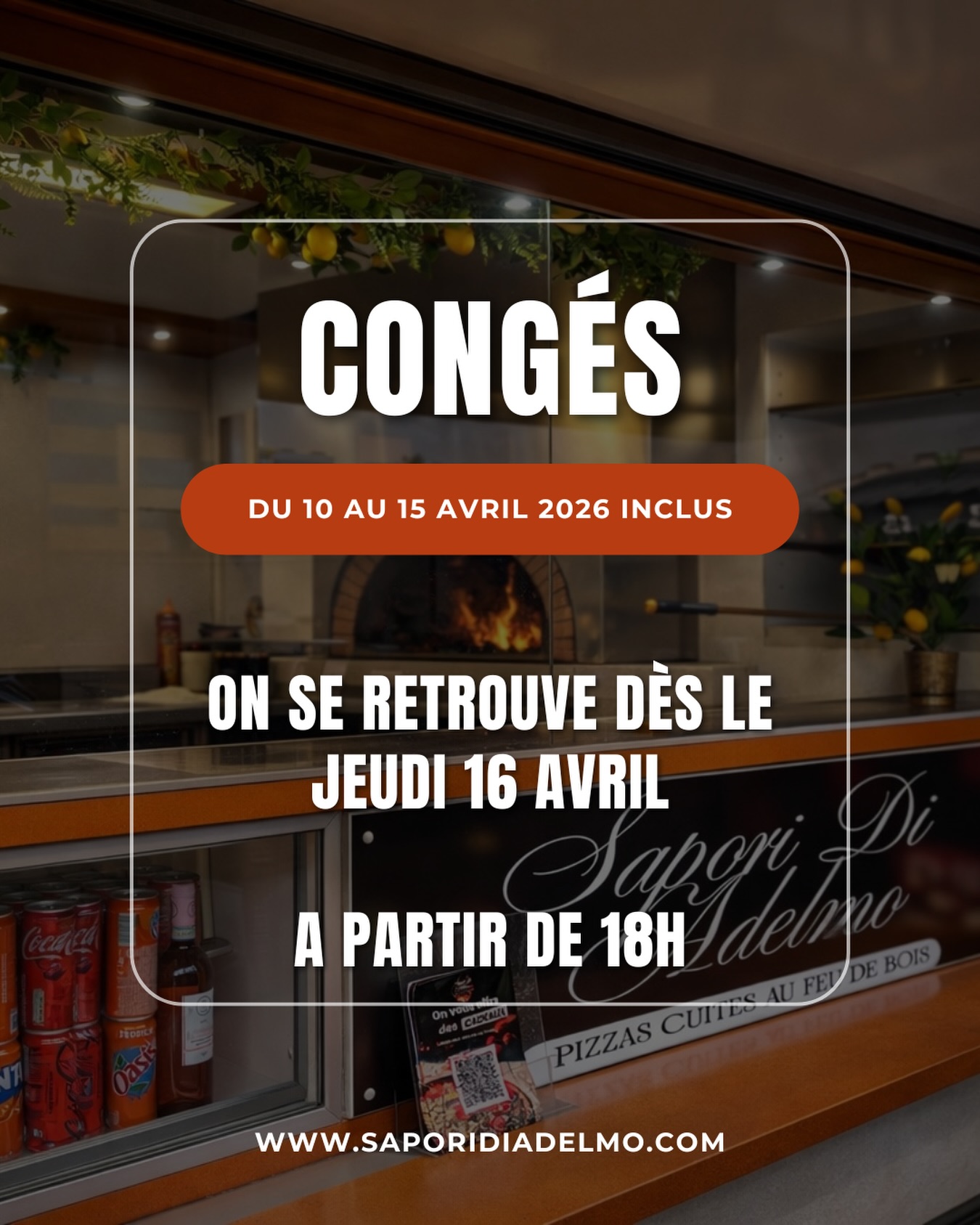 ☀️ CONGÉS ☀️
Le food truck prend des vacances du 10 au 15 Avril inclus.
Nous aurons le plaisir de vous accueillir dès le :
📅 Jeudi 16 Avril dès 18h 🍕
Bacci a tutti 💋