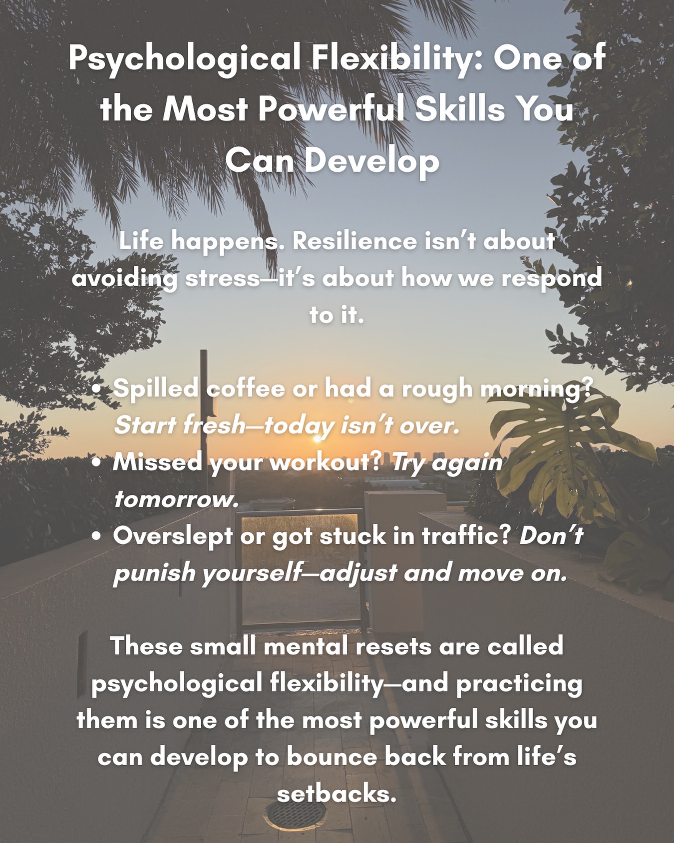 Psychological Flexibility: One of the Most Powerful Skills You Can Develop
Life happens. Resilience isn’t about avoiding stress it’s about how we respond to it.
• Spilled coffee or had a rough morning? Start fresh- today isn’t over.
• Missed your workout? Try again tomorrow.
• Overslept or got stuck in traffic? Don’t punish yourself- adjust and move on.
These small mental resets are called psychological flexibility-and practicing them is one of the most powerful skills you can develop to bounce back from life’s setbacks.
#psychologicalflexibility #psychology #psychotherapy #ontariotherapy #resetyourmind