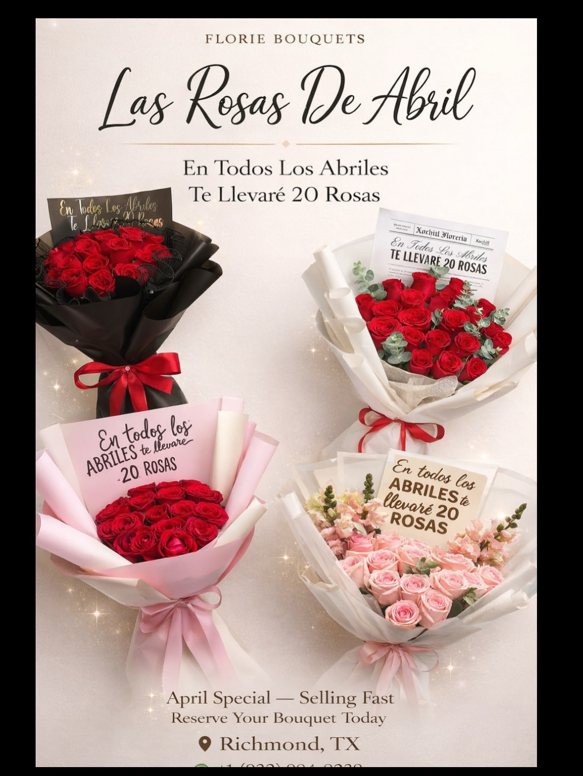 April is here… and this is your sign 🌹
“En todos los abriles te llevaré 20 rosas” ❤️
Don’t just say it — prove it.
Our Rosas De Abril bouquets are now available for a limited time.
Luxury designs. Fresh roses. Same-day availability.
⚠️ Orders are already coming in — don’t wait until we sell out.
📍 Richmond, TX
📲 Text/Order: +1 (832) 884-8238
🌐 floriebouquets.com
#flowers #supportsmallbusiness #delivery #explorepage