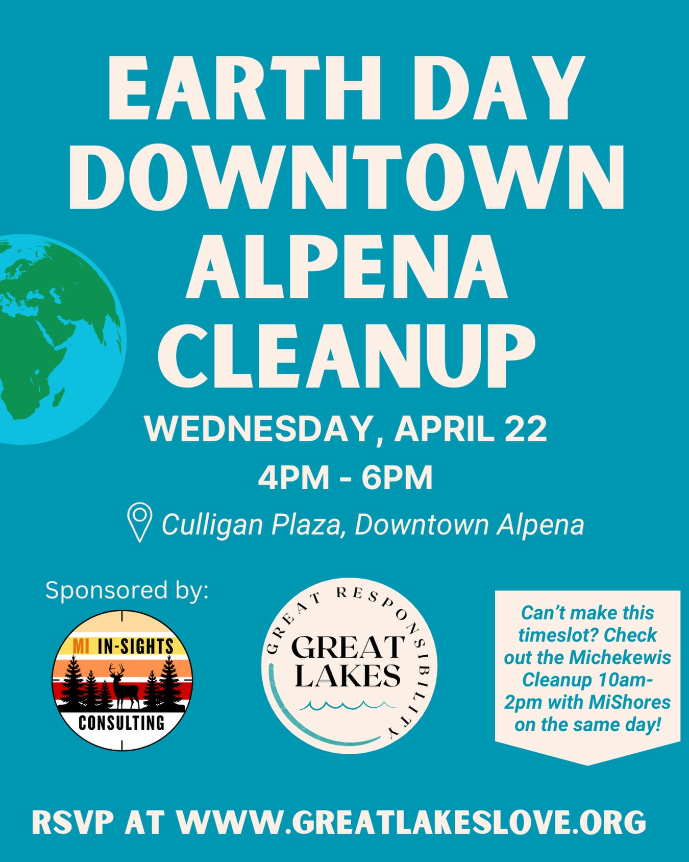 It’s Earth Month! 🌏 Let’s take action to keep our Great Lakes clean.
Join us for our first cleanup of 2026 in beautiful downtown Alpena.
🧤 All supplies are provided
🪣 Dress for the weather
📊 We will collect data to help stop marine debris at its source(s)
💚 RSVP so we know to expect you (and bring a friend!)
We are grateful to MI In-Sights Consulting LLC, who is sponsoring this event. Thank you! 🙏🏻
Now go hug a tree! 🌲 ☺️