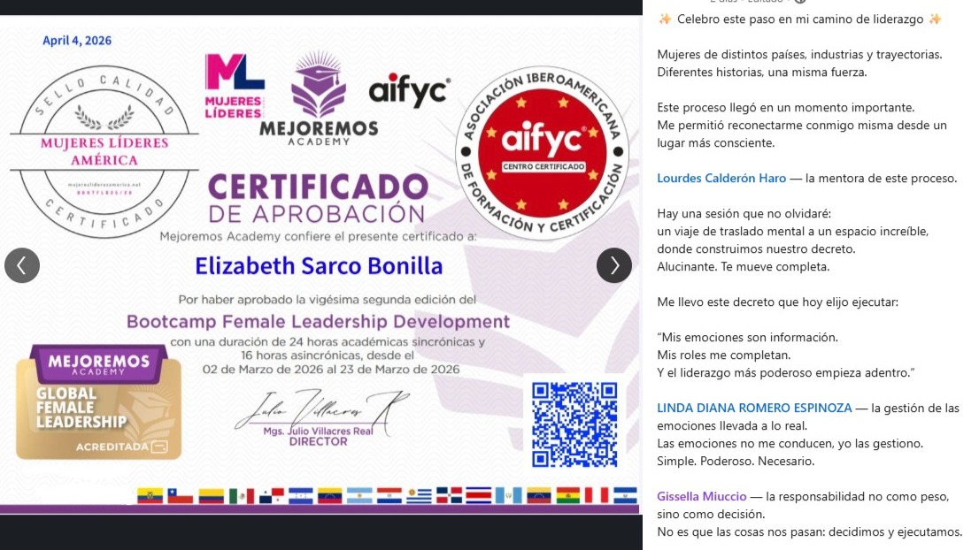¡Qué potente ver cómo se vive el liderazgo de las mujeres cuando se trabaja desde adentro!
En este proceso como mentora del bootcamp latam "Female Leadership Development" de @mejoremosacademy , uno de los conceptos más transformadores que suelo trabajar, es entender la responsabilidad como la capacidad de responder, elegir y accionar; y no como carga.
Eli es un gran ejemplo de cómo llevarlo a la práctica con consciencia y decisión.
Porque al final, el liderazgo transformacional no se aprende… se construye!
¡Vamos por más!
Gisse
www.gissellamiuccio.com
#Mentoring #Liderazgo #LiderazgoTransformacional #MujeresLíderes #America #Latam #Responsabilidad #DesarrolloPersonal #Accountability