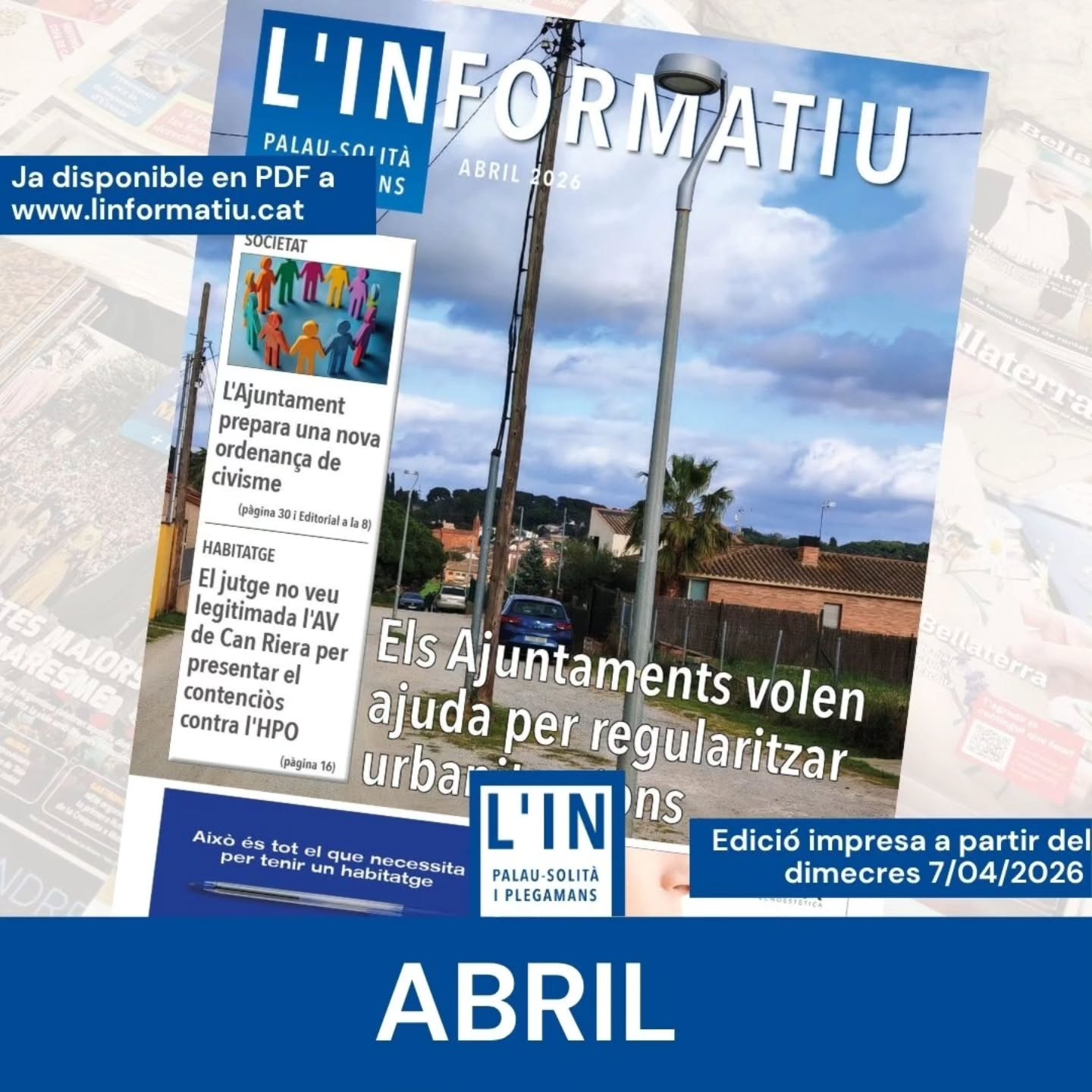 ABRIL. Aquest mes l'edició impresa trigarà una mica més de l'habitual en arribar a causa de les vacances de Setmana Santa de la impremta, no estarà disponible fins al dia 7. Però si no voleu esperar a llegir-lo, ja sabeu que a linformatiu.cat trobareu l'edició en PDF puntual com sempre. Aquí teniu el resum de continguts del número:
L'ENTREVISTA
💬 Miriam Peñas, autora del llibre 'El asesinato de mi padre en Colombia'.
SECCIONS
🗣️ Patrimoni. 255 anys de la Festa del Roser, la tradició més antiga del poble, per Josep Maria Farnés
🗣️ L'Hostal del Fum, l'article de Jaume Pérez Barrachina
🗣️ Ensenyament. El poder de la comunicació no violenta.
ACTUALITAT
📰Les urbanitzacions amb dèficits urbanístics surten a escena
📰 El jutge deslegitima l'AV de Can Riera per presentar el contenciós per l'HPO
📰 PsiP creix en població però ho fa lentament
📰 Mango tanca el 2025 amb 3.767 milions de facturació
📰 El teatre de le Vila acull una nova edició dels premis Atenea
📰 PsiP se suma al 8M amb una agenda d'actes àmplia i diversa
📰 La 4a Diada Mundial referma el vincle de PsiP amb els titelles
📰 El 12 cross escolar ompla el parc del fum de joves atletes
📰 280 esportistes locals, homenatjats en la gala de la 7a Nit de l'Esport
📰 Nova ordenança municipal: PsiP davant el repte de millorar en civisme
@ajpalauplegamans
@ercpalau @josep_farag @juntsperpalausolitaiplegamans @pscpalau @perefarnes @barrachina66 @aavvcanriera @miriampenas_autora @mango @mit.titelles @escola_marinada_de_palau @escolapalau @escolacancladellas @folchitorres @atleticpalau
#atletisme #crosescolar #Palausolitaiplegamans #Psip