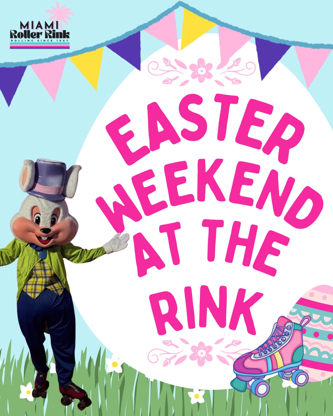 Easter weekend is HERE and the rink is ready to hop into the fun! 🐣🛼
Saturday, April 4 – Day BEFORE Easter
Easter Bunny Skate | 10AM – 1PM
🐰 Meet & Roll with the Easter Bunny from 10AM – 12PM
🎨 Easter crafts and fun for the whole family
Sunday, April 5 – Easter Day
Easter Day After Party | Family Skate | 4PM – 7:30PM
🐣 Buy 1, Get 1 Admission
🪺 Glow in the Dark Easter Egg Hunts
🎨 More crafts, more candy, more glow
Two days of Easter fun. See you at the rink!
📍 12265 SW 112th St, Miami, FL 33186
#MiamiRollerRink #EasterWeekend #EasterBunnySkate #GlowEggHunt #EasterAfterParty