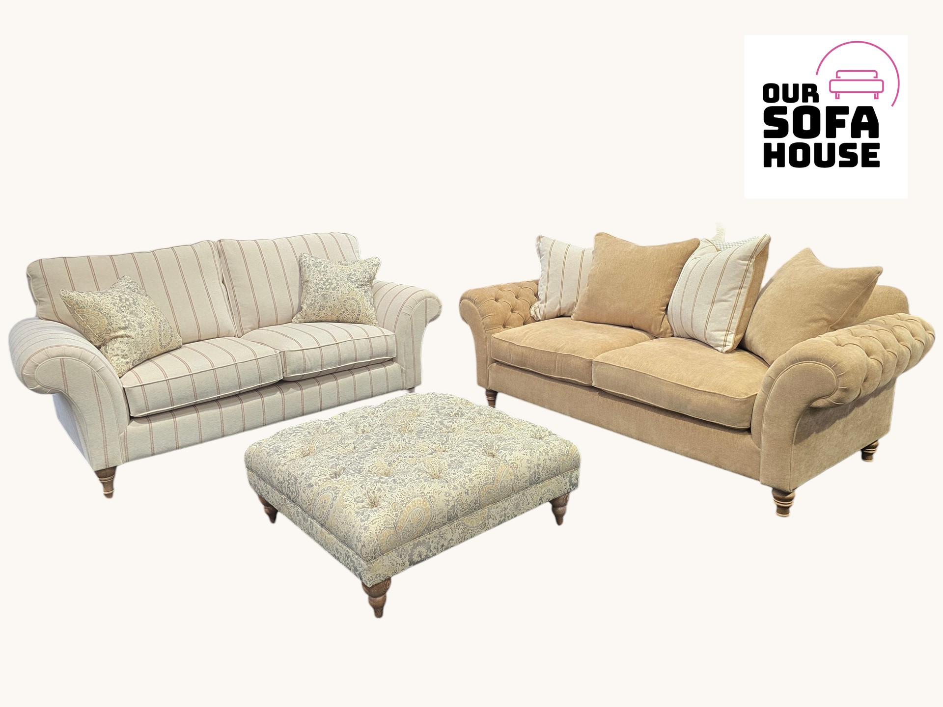 Elevate your living space with this luxurious, high-quality Westbridge Keaton furniture suite. Renowned for its blend of traditional deep-buttoning and modern comfort, the Keaton range makes a serious statement.
This set has been thoughtfully designed with a sophisticated, coordinated theme:
The Sofas: Two spacious 3-seater sofas featuring large, plush feather-filled scatter cushions.
The Design: The back scatters on the main sofa match the striped sofa, while the striped sofa's own scatters perfectly complement the footstool, tying the entire set together beautifully.
The Details: Features deep buttoning on the footstool and oversized arms for a contemporary twist on a classic look.
Perfect for those seeking high-end upholstery with supreme "sink-in" comfort.
Brand new and in exellent condition.
MEASUREMENTS
Scatter back sofa
W220cm x D98cm x H94cm (H77cm without back cushion)
Seat depth 55cm
Seat height 52cm
Standard Back Sofa
Scatter back sofa
W220cm x D98cm x H100cm (H80cm without back cushion)
Seat depth 55cm
Seat height 52cm
Footstool
W95cm x D95cm x H40cm
Pics are of the actual item, viewing at our shop welcome.
#oursofahouse #sofas #furnitureoutlet #notjustsofas #westbridge #luxurysofas #sofastyling #wirral