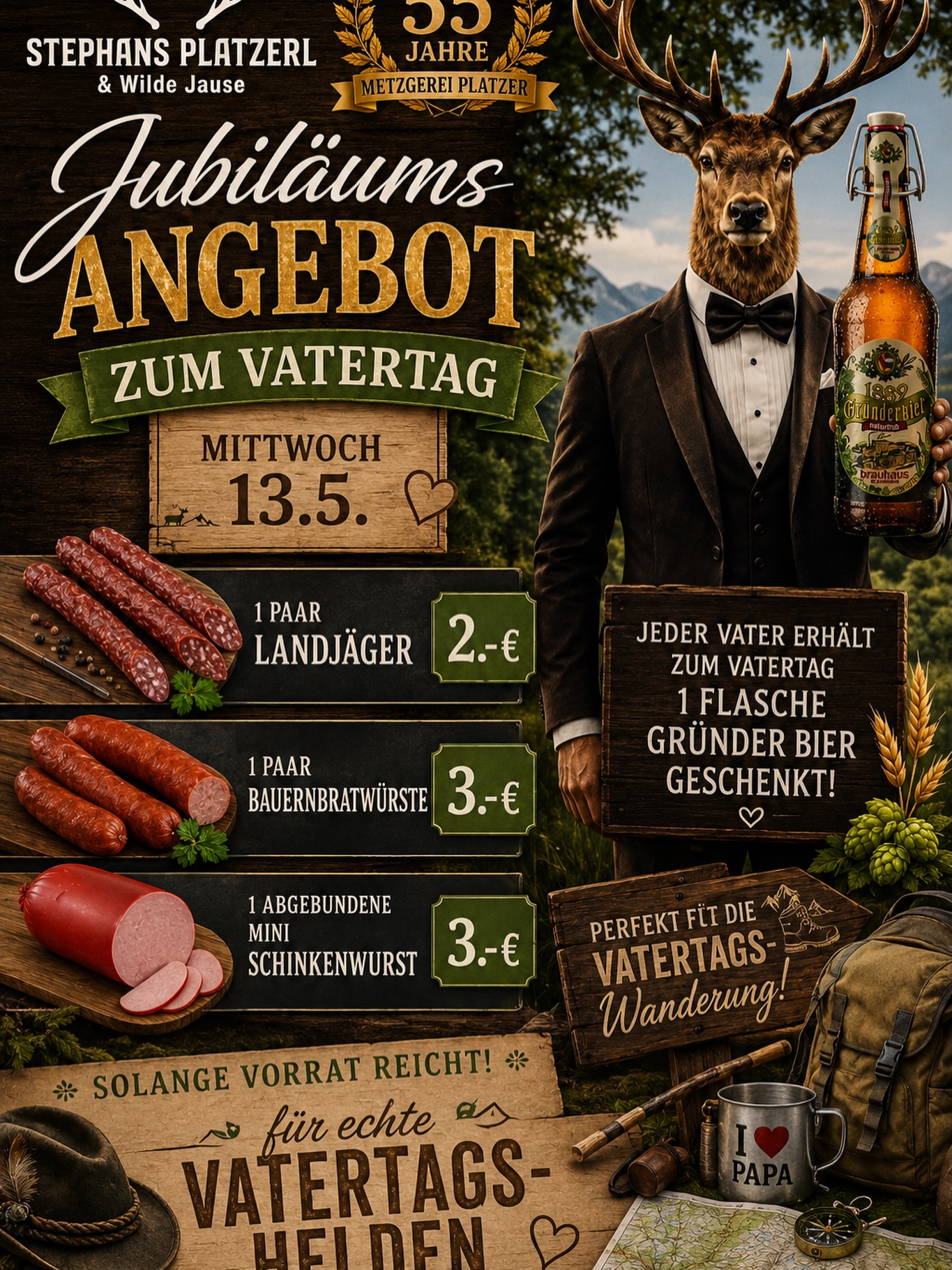 🔥 55 JAHRE METZGEREI PLATZER 🔥
🎉 Jubiläums-Angebot zum Vatertag bei Stephans Platzerl & Wilde Jause 🎉
Am Mittwoch, den 13.5., feiern wir mit euch echte Vatertags-Helden! 🍻🦌
🥩 Unsere Jubiläums-Kracher:
🌭 1 Paar Landjäger → nur 2,- €
🌭 1 Paar geräucherte Bauernbratwürste → nur 3,- €
🍖 1 abgebundene Mini-Schinkenwurst → nur 3,- €
🍺 Und das Beste:
Jeder Vater erhält zum Vatertag eine Flasche Gründer Bier GRATIS dazu!
👉 Perfekt für die Vatertagswanderung, den Bollerwagen oder die gemütliche Einkehr.
⚠️ Nur solange Vorrat reicht!
📍 Stephans Platzerl & Wilde Jause
❤️ Danke für 55 Jahre Treue – wir freuen uns auf euch!
#metzgereiplatzer #55jahre #vatertag #stephansplatzerl #landjäger bauernbratwurst schinkenwurst gründerbier pforzheim enzkreis vatertagswanderung regionalgenießen