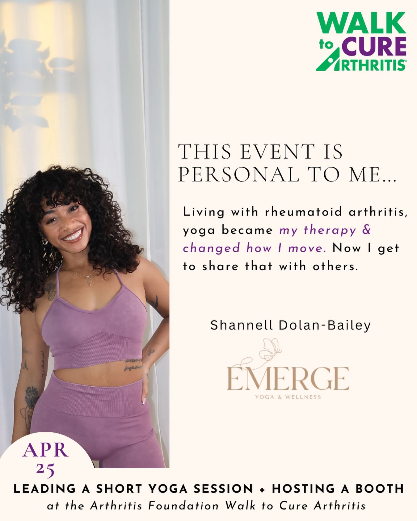 This event is a special one for me. From being the Event Chair for Walk to Cure Arthritis…to now showing up as a vendor & leading a yoga session—it really feels like a full circle moment.
Living with rheumatoid arthritis, I know firsthand how much inflammation can impact your body, your movement, & even your day-to-day life. Yoga became a way for me to reconnect, move with intention, & support my body differently.
I’m grateful to now share that with others in this community. If you’re attending the walk, come by, say hi, & move with me for a bit. 💜💚 @arthritisfoundation