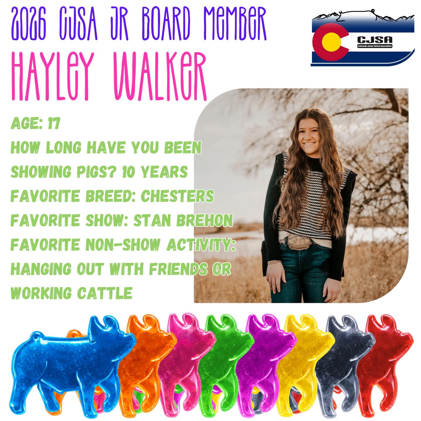 Rounding out our wonderful 2026 CJSA Junior Board on this fine Friday. These ladies have so much fun in store for all of the exhibitors this year.
🍭Meet Hayley Walker! Hayley is a junior at Platte Valley High School. Go Broncos! Make sure you stop and say hi to Hayley at a show!