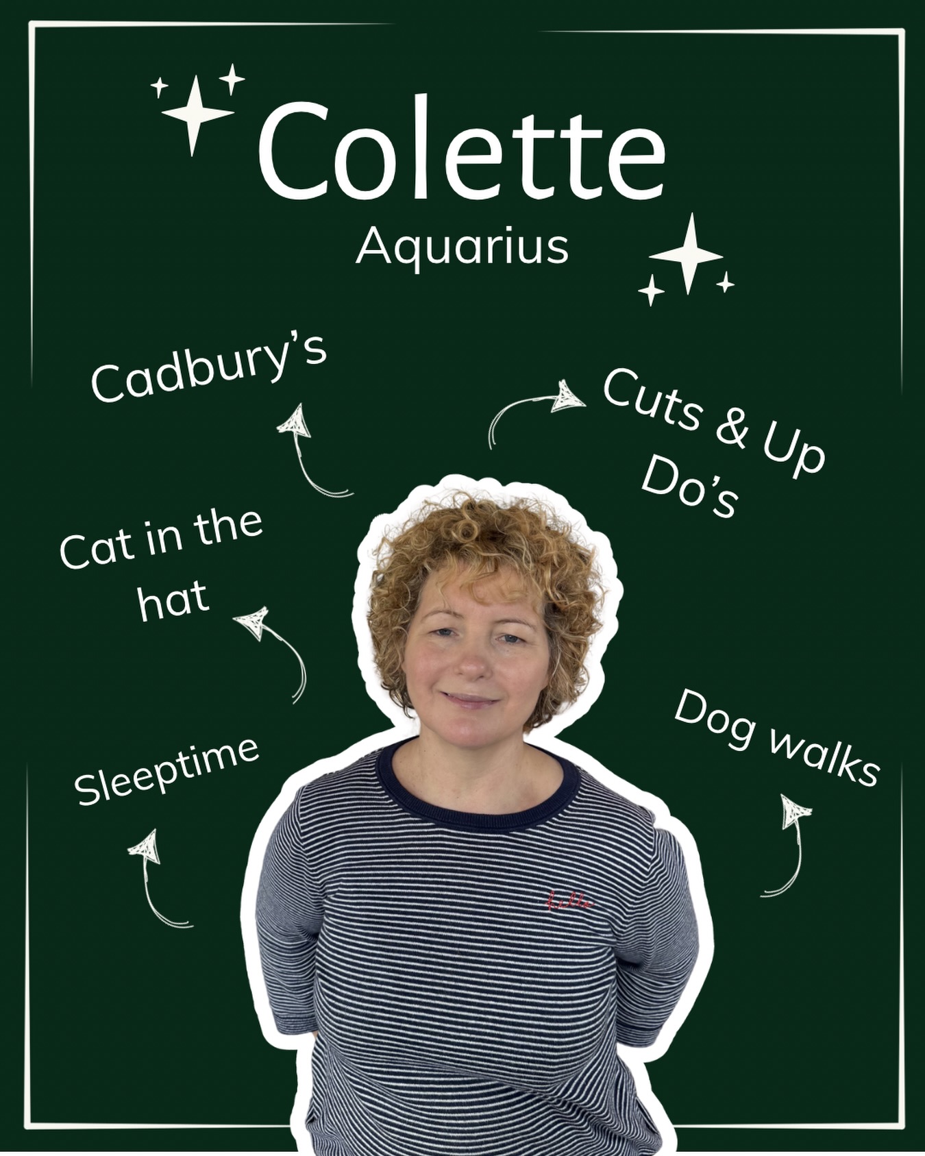 Meet the team - Colette -
Hairdressing for 30 years.. she’ll kill me for letting you in on that as it makes her feel old… she’s definately NOT!
Has been blow drying her hair all her life and started embracing her curls just last year!
Her guilty pleasure is watching cheesy Christmas films.. what a Hallmark babe!
You can find her in-salon on Tuesdays, Thursdays & Saturdays for everything curls!
Follow her at @colettescurls to see her lovely curl transformations!
#curlspecialist #curlyhairdresser #bournemouth