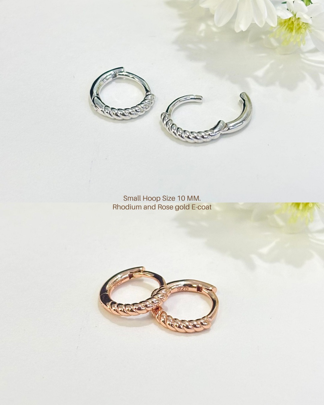 925 silver small hoop earrings 10 mm with twisted detail.
* Available in Rhodium and Rose Gold E-coat.