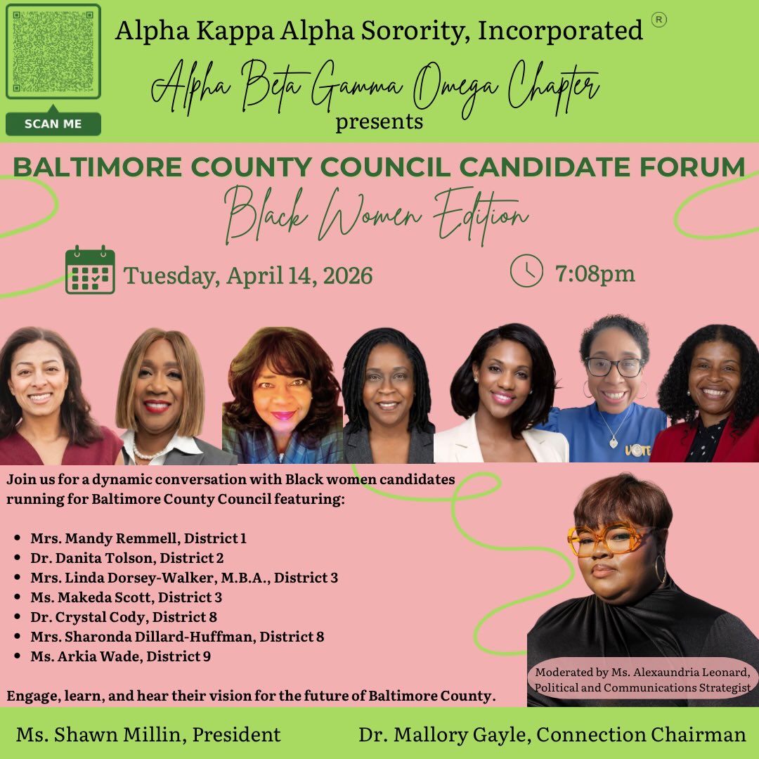 We are proud to announce that all Black women candidates for Baltimore County Council will be featured in our upcoming ABGO Community Conversation: Candidate Forum.
This powerful and historic conversation will bring together dynamic candidates who are shaping the future of Baltimore County.
Our full panel includes:
Mrs. Mandy Remmell, District 1
Dr. Danita Tolson, District 2
Mrs. Linda Dorsey-Walker, M.B.A., District 3
Ms. Makeda Scott, District 3
Dr. Crystal Cody, District 8
Mrs. Sharonda Dillard-Huffman, District 8
Ms. Arkia Wade, District 9