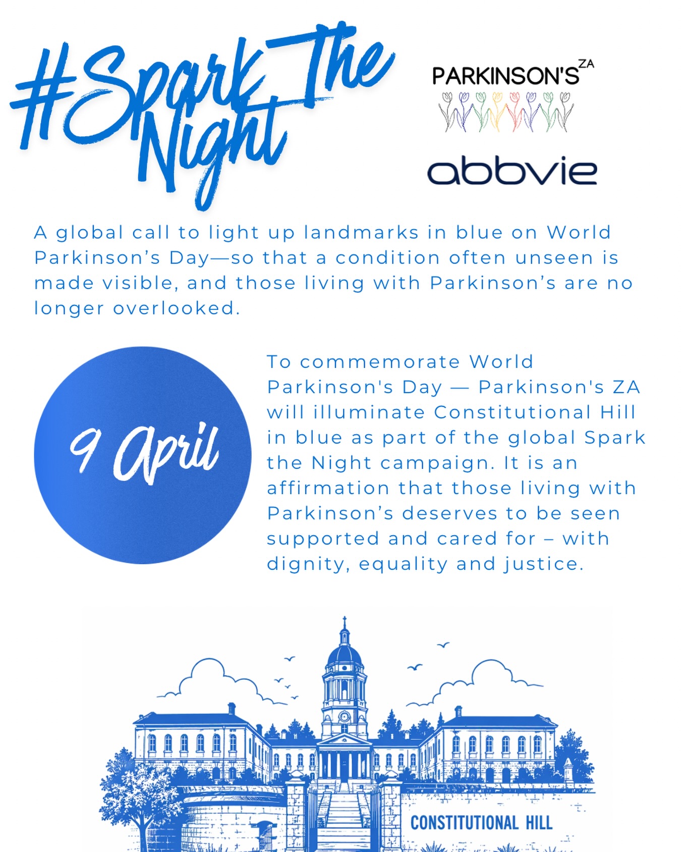 #SparkTheNight is a global call to light up landmarks in blue on World Parkinsonās Dayāso that a condition often unseen is made visible, and those living with Parkinsonās are no longer overlooked.
Tonight ā to commemorate World Parkinsonās Day ā Parkinsonās ZA will illuminate Constitutional Hill in blue as part of the global Spark the Night campaign.
The symbolism of this cannot be understated. This building has witnessed South Africaās journey to justice and dignity. It is an affirmation that those living with Parkinsonās deserves to be seen supported and cared for ā with dignity, equality and justice.
#parkinsonsawareness #sparkthenight #parkinsonsza š š·