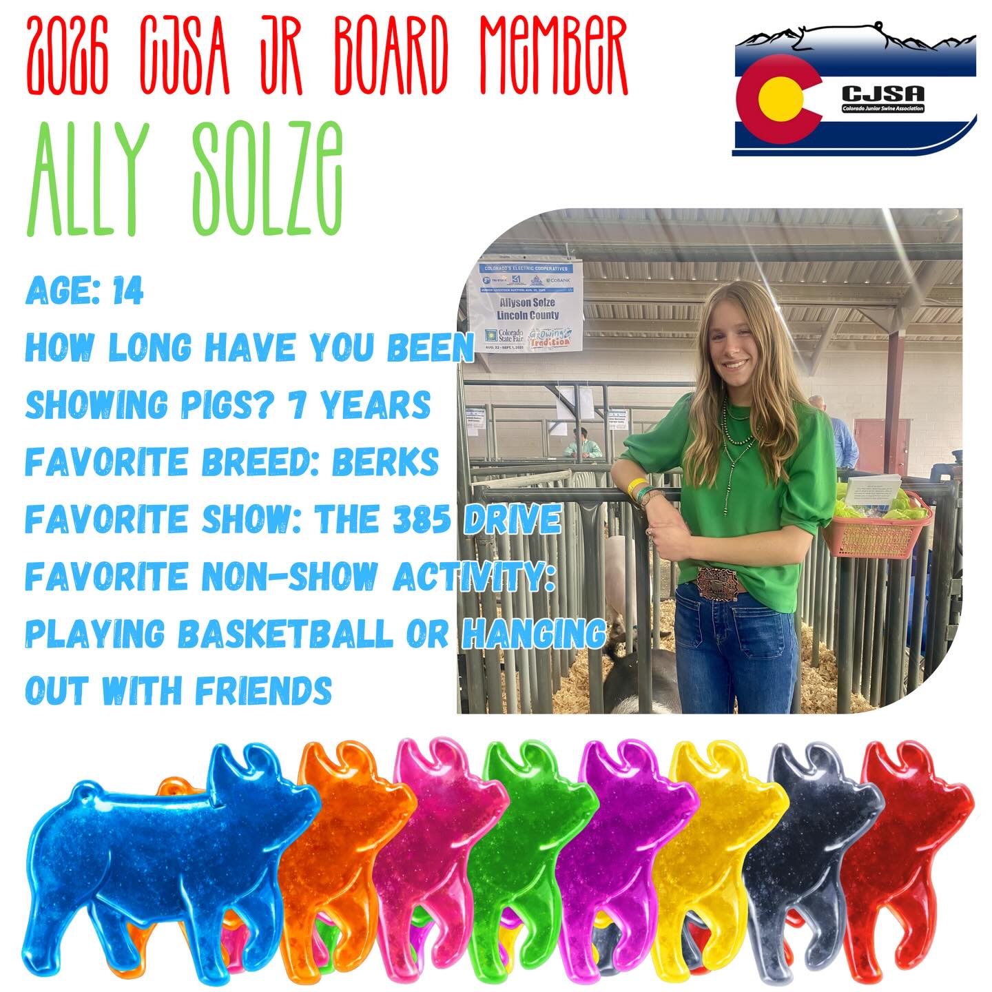 Who’s ready to meet the second member of the 2026 CJSA Junior Board?
🍭Meet Alle Solze! Alle is a freshman at Genoa-Hugo. Go Pirates! Alle would love to meet all the members so make sure you stop and say hi at a show!