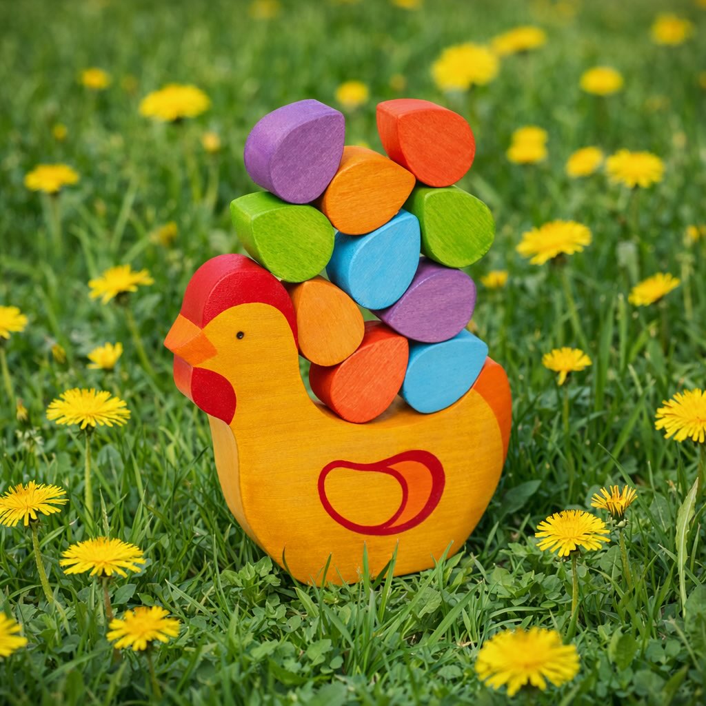 Meet our new handmade Balance Hen with 10 colorful eggs 🐣
Two orange, two red, two blue, two purple, and two green eggs 🧑🏻🎨🎨🪺each carefully shaped and hand-painted with child-safe, water-based paints.
Place one egg… then another…🐓
Will it hold? Or gently tumble? 🗼
This simple, quiet game becomes a lesson in balance, patience, and tiny victories 🎉
And somewhere in the rhythm of play,
a child learns to slow down, to try again, to trust their hands,🧘🏻♀️
while discovering colors and the beginnings of simple math 🧮
This charming little Hen carries not just eggs,
but moments of focus, laughter, and wonder 🫶✨😊🐓
#diafeliz_shop #diafeliz_kids #diafeliz_woodentoys