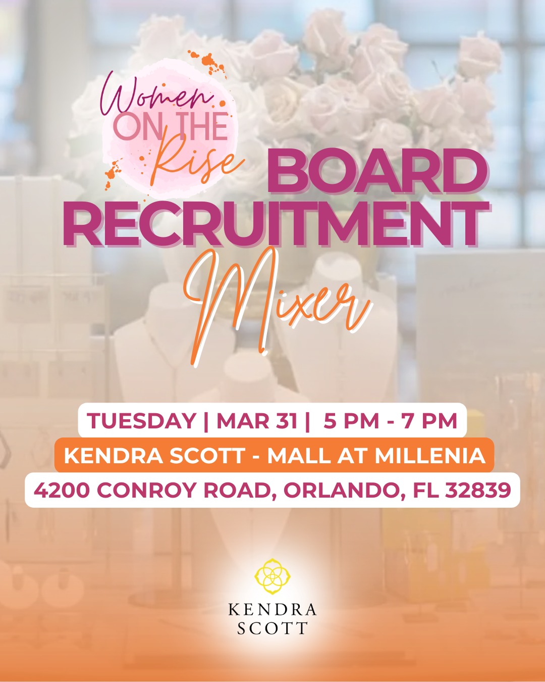Join us tonight to enjoy a beautiful in-store experience with Kendra Scott while building meaningful connections with women who are committed to making a difference.
✨ Women on the Rise Board Recruitment Mixer ✨
As we prepare to celebrate 10 years of empowering women, we’re stepping into a powerful new chapter… and we’re looking for leaders ready to rise with us.
TONIGHT we are hosting an evening of connection, collaboration, and purpose as we expand our leadership and invite passionate community changemakers to help shape the future of Women on the Rise.
📍 Kendra Scott – Mall at Millenia (Second Floor near Macy’s)
📅 Tonight, March 31, 2026
🕔 5:00 PM – 7:00 PM
This is more than a mixer… it’s an opportunity to:
✨ Learn about our impact and vision for the next decade
✨ Explore board and committee leadership opportunities
✨ Connect with like-minded women and community leaders
✨ Get a first look at our 10-Year Anniversary commemorative piece
If you are passionate about empowering women, strengthening communities, and leading with purpose, this space was created for you.
💜 Your voice. Your leadership. Your impact.
✨ We compliment. We don’t compete.
RSVP Here: https://www.wotrinc.org/upcoming-events
#WOTRinc #WomenOnTheRise #BoardLeadership #CommunityImpact #WomenInLeadership #EmpoweredWomen #OrlandoEvents #NonprofitLeadership #Sisterhood #WomenSupportingWomen