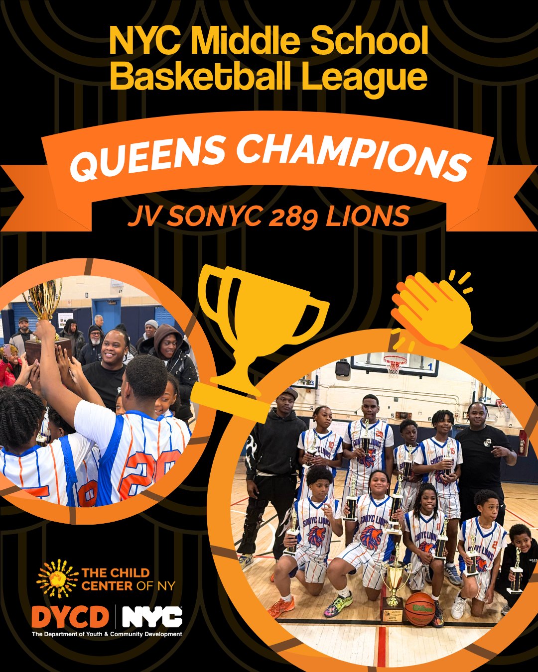 Congratulations to the JV SONYC 289 Lions for bringing home the NYC Middle School Basketball League Queens Championship trophy! These young athletes have worked incredibly hard, and we couldn't be prouder of what they've accomplished this season. The dedication, teamwork, and heart they've shown are truly something special.
Now it's time to set their sights on the city: good luck at the city finals. Let's go, Lions!