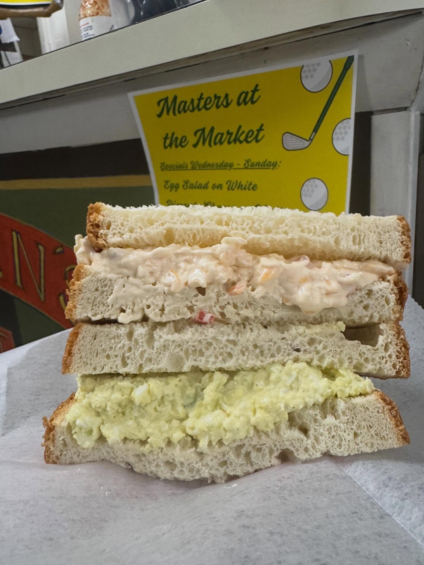 Come join us FORE our Masters celebrations! We were inspired by the menu at Augusta this week:
- egg salad on white
- pimento cheese on white
- pork BBQ on a bun
- masters club on a bun
- chicken salad on wheat
- ham and cheese on rye