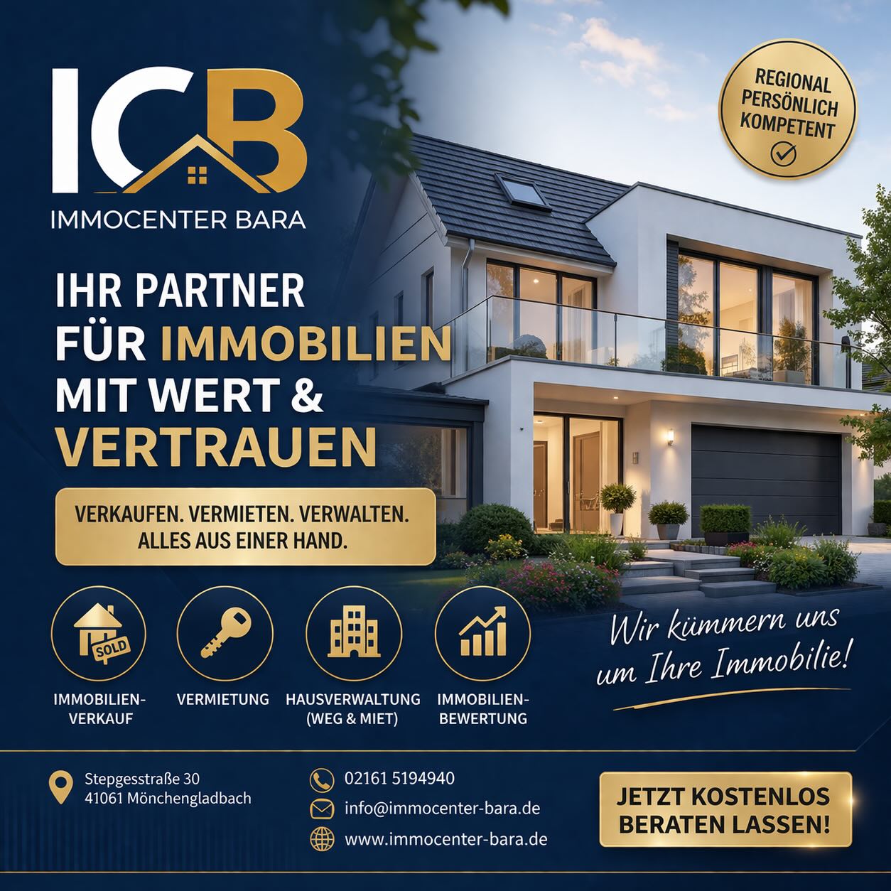🏡 Ihre Immobilie in guten Händen!
Ob Verkauf, Vermietung oder Hausverwaltung –
bei ICB Immocenter Bara erhalten Sie professionelle Betreuung aus einer Hand.
✔ Immobilienverkauf
✔ Vermietung
✔ WEG- & Mietverwaltung
✔ Immobilienbewertung
📞 Jetzt unverbindlich beraten lassen!
Wir kümmern uns zuverlässig um Ihre Immobilie.
#moenchengladbach #nrw #niederrhein #immobiliennrw #hausverwaltungnrw