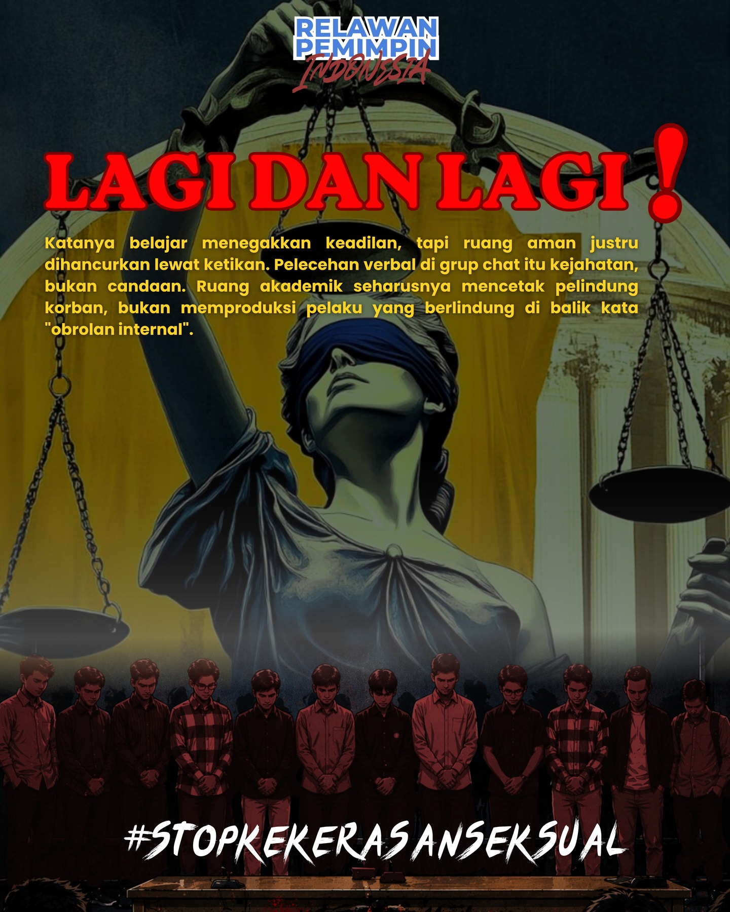 Lagi dan lagi! 🚨
Di ruang kelas, mereka sibuk mendebatkan asas keadilan. Tapi di grup chat, asas itu mereka injak-injak sendiri.
Miris banget ngelihat ruang akademik yang seharusnya jadi ekosistem aman, malah dicemari sama oknum yang tidak bertanggung jawab. Kasus pelecehan seksual verbal yang melibatkan belasan oknum mahasiswa ini jadi bukti nyata.
Belajar hukum sebatas teori, praktiknya malah asyik melanggar norma sendiri.
Berlindung di balik alasan "obrolan internal tongkrongan" atau "cuma dark jokes" itu basi. Pelecehan verbal tetaplah pelecehan. Nggak ada ruang pembenaran buat tindakan yang merendahkan martabat puluhan korban di kampus kita.
Kampus seharusnya mencetak pelindung korban, bukan menetaskan predator. Mari kawal terus kasus ini, pastikan ruang aman benar-benar ada, bukan cuma jargon di atas kertas! ⚖️🥀
#RuangAmanKampus #LawanKekerasanSeksual #StopPelecehanSeksual #DaruratKekerasanSeksual #RelawanPemimpinIndonesia