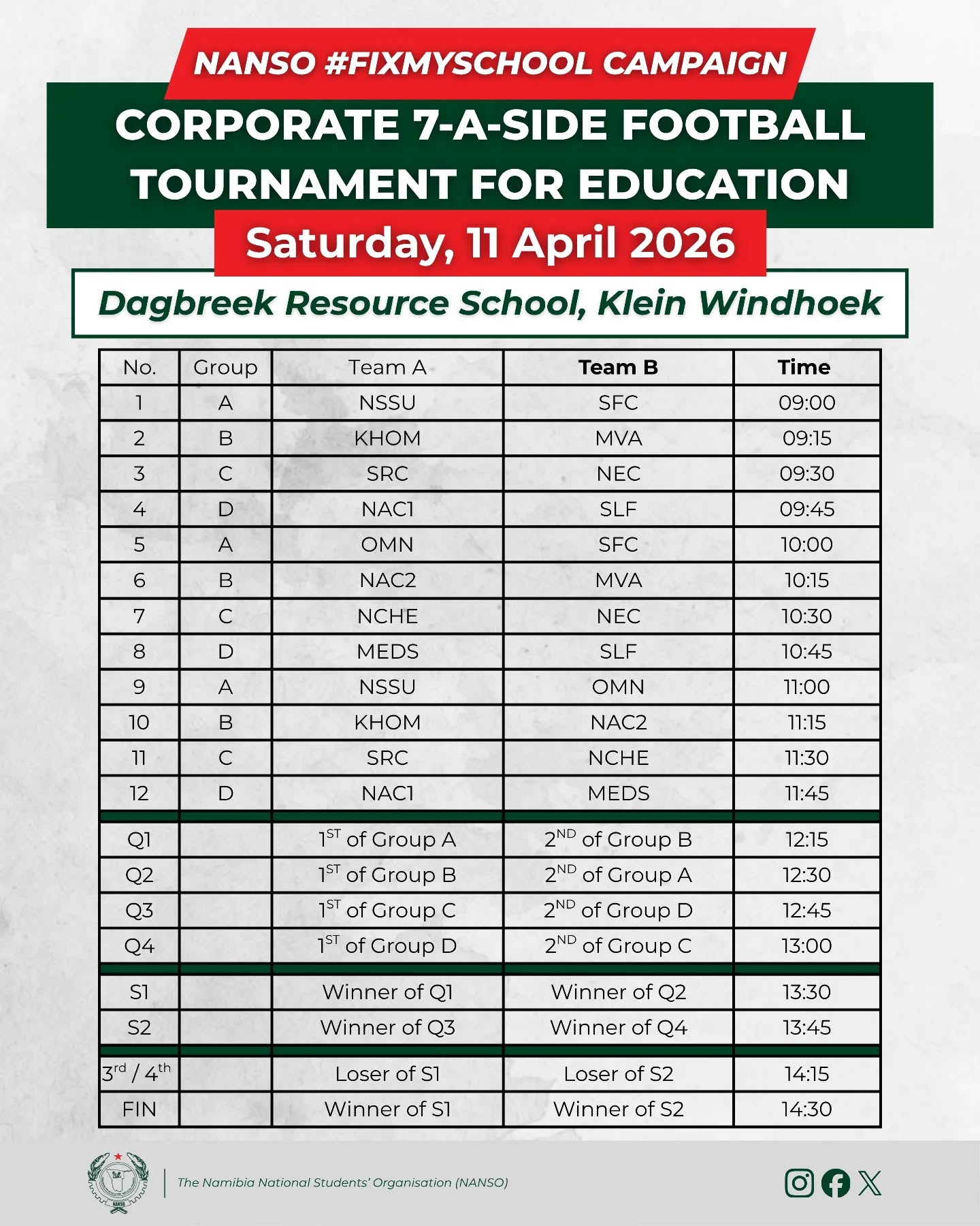 The official fixtures for the NANSO #FixMySchool Corporate 7-A-Side Football Tournament are out! β½
First whistle blows at 09:00. Final at 14:30. See you on the field tomorrow!βπΎπ