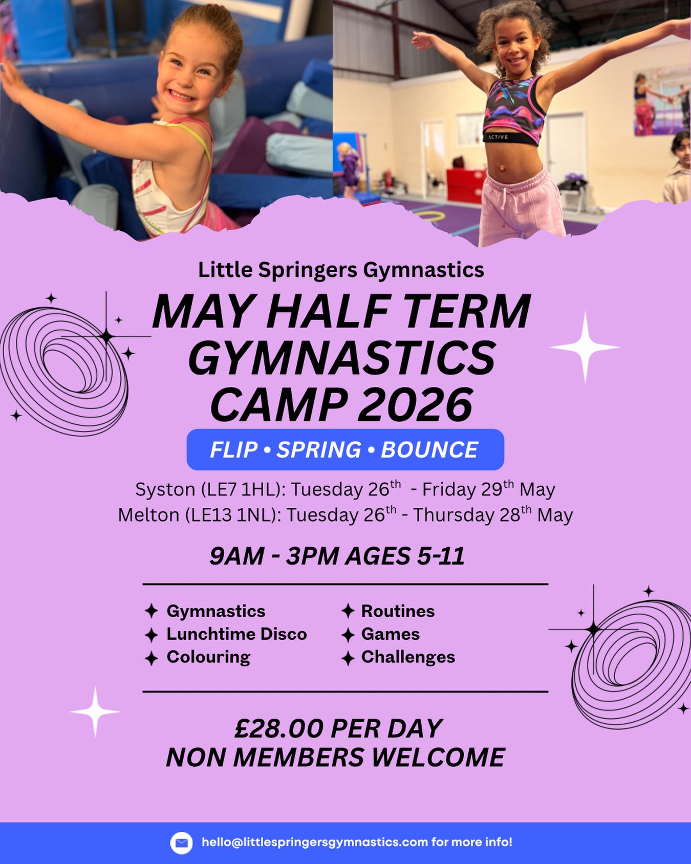 Easter camps completed today, now you can book for May 🙌🏼 🥳 Just 6 weeks of school until the next half term break, members can book to attend via their Love Admin accounts 🤸 #littlespringersgymnastics #gymnasticsforall #mayhalfterm #leicestershire