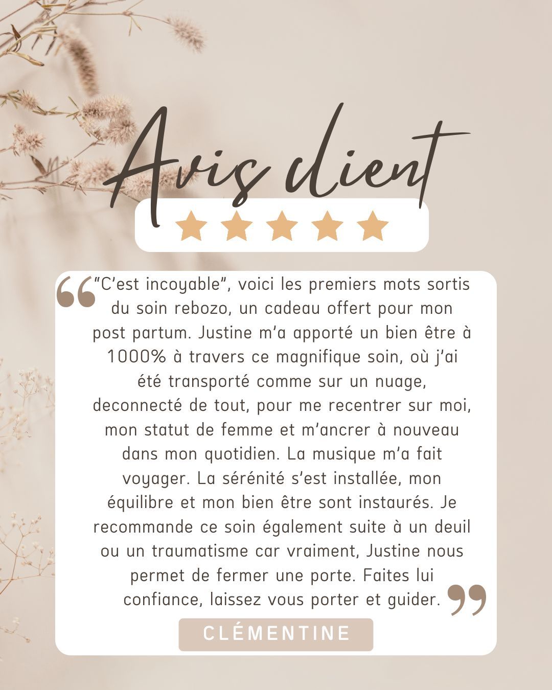 Votre avis compte pour moi ❤️
Merci Clémentine pour ta confiance et pour ces mots qui me touchent profondément ✨
Chaque retour est précieux et me rappelle pourquoi j’aime tant accompagner, prendre soin et créer ces moments de douceur 🌿
Votre ressenti est la plus belle des récompenses 🤍
#aviscliente #temoignage #retourclient #bienetre #momentpoursoi #confiance #douceur #accompagnement #merci