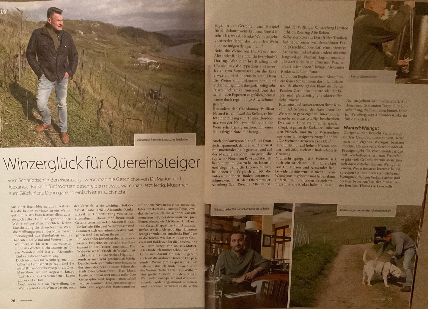 Grade entdeckt: ein sehr schöner Artikel über uns und Weingut Rinke / Rinke-Weine im neuen Savoir-Vivre Journal
…”Das Speisenangebot führt von regionaler Hausmannskost auf hohem Niveau zu einer modernen Interpretation des Prinzips Tapas, “weil das einfach auch ein schönes Zuammenessen ist”, bei dem man viel probieren könne, wie Ali Boussi, Chefkoch und Geschäftspartner von Alexander Rinke, erklärt. Als gebürtiger Libanese bringt er zudem orientalische Einfüsse in die Küche, wie das Mousse au Chocolat mit Baklava oder die Linsensuppe nach dem Rezept von Boussis Mutter. “Das finde ich immer schön, wenn die Leute sich darauf einlassen - gerade auch auf die arabische Küche”. Die passenden Weine gibt es quasi In-House….”
#weinwirtschaft #weinwirtschaftfriedrichwilhelm #essenintrier #tapas #regionaleküche