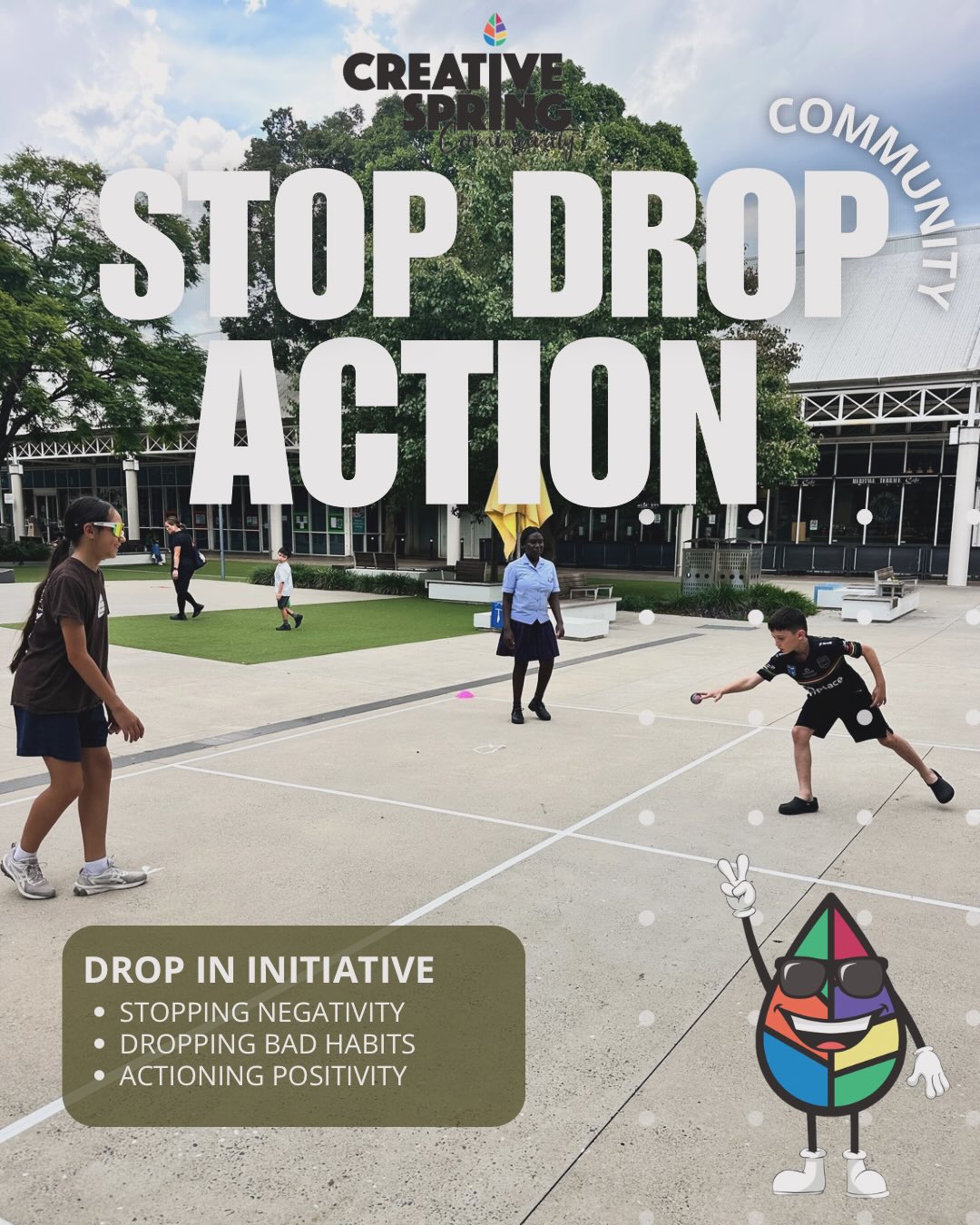 STOP DROP ACTION 🎯
Every Thursday at Penrith Westfield — find us in the outdoor Mondo area between the library and the shops!
🕛 HOLIDAY HOURS: 12PM – 3PM
Come down for handball battles, laughs and real community vibes. No cost. No catch. Just show up.
This is YOUR space — young people, families, the whole crew. Drop in any time between 12 and 3 and get involved.
📍 Penrith Westfield — Mondo outdoor area (between the library & Westfield entrance)
#StopDropAction #CreativeSpring #PenrithYouth #HolidayActivities #CommunityFirst FreeActivities