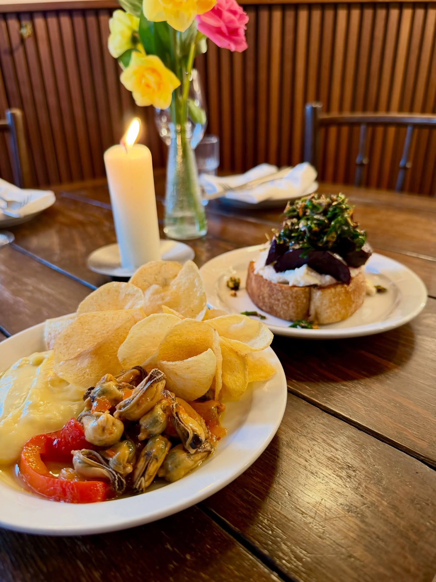 Couple of the starters from the April dinner menu…
- Mussel escabeche w homemade crisps
- Beetroot & ricotta on toast w gremolata