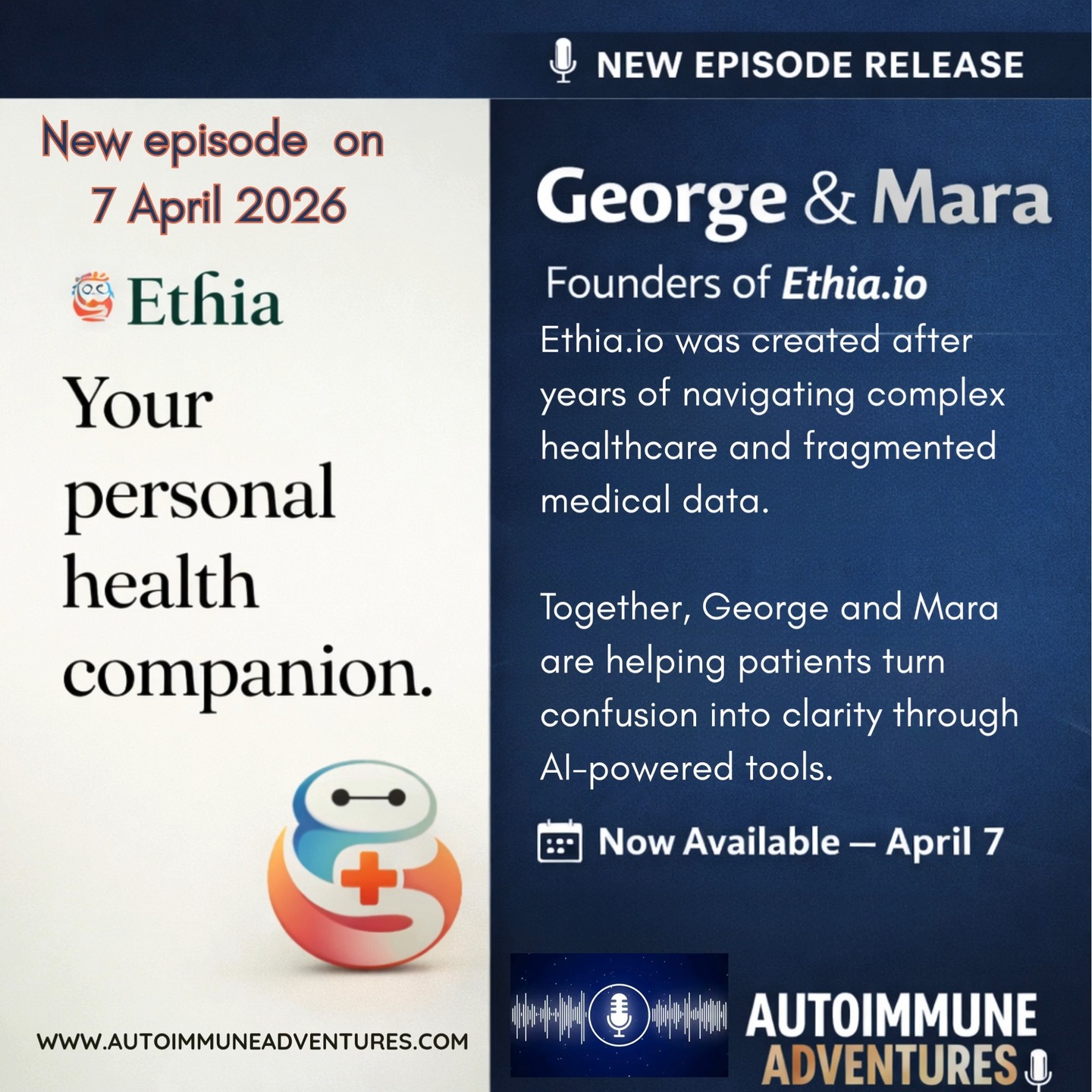 Chronic illness doesn’t just challenge your body—
it asks you to become the manager of an entire system.
Your symptoms.
Your labs.
Your appointments.
Your medications.
Your story.
And for many people…
that system feels fragmented, overwhelming, and incredibly hard to navigate.
In this episode of Autoimmune Adventures,
George and Mara Saldana share what it actually looks like to live inside that reality—
and what happened when they decided it didn’t have to stay that way.
What began as Mara’s journey through Crohn’s disease
became something much bigger.
A question.
A frustration.
A turning point.
And ultimately—
a solution.
George created Ethea.io to bring clarity to what so many patients experience as chaos.
Not just to track data—
but to help people better understand their own health, advocate for themselves,
and move through the system with more confidence.
This conversation is about more than technology.
It’s about what becomes possible
when patients are supported, informed, and empowered.
🎙️ Now Live: https://youtu.be/RPXqqXehGBY
Sign up for Ethia with code ADVOCATE for 30 days of free Pro access. Track your health data and prepare for appointments: ethia.io/register
#AutoimmuneAdventures #ChronicIllnessSupport #PatientAdvocacy #HealthInnovation #SpoonieLife