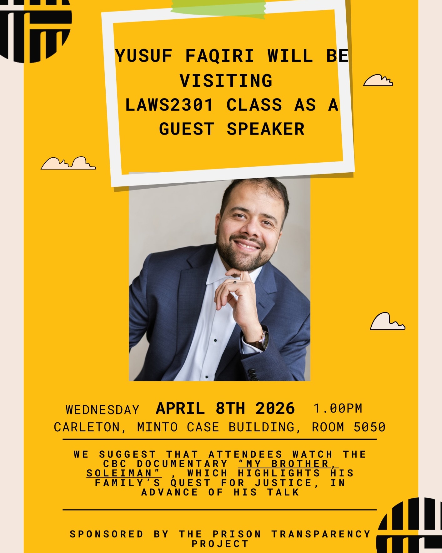 Tomorrow we’re hosting a special in-person talk being given by Yusuf Faqiri, who will be a guest speaker in Professor Hollis Moore's LAWS2301 class at Carleton University.
Limited spots, registration required, link in bio.
Wednesday, April 8, 2026
1-2pm
5050 Minto CASE building, Carleton University
No admission fee
