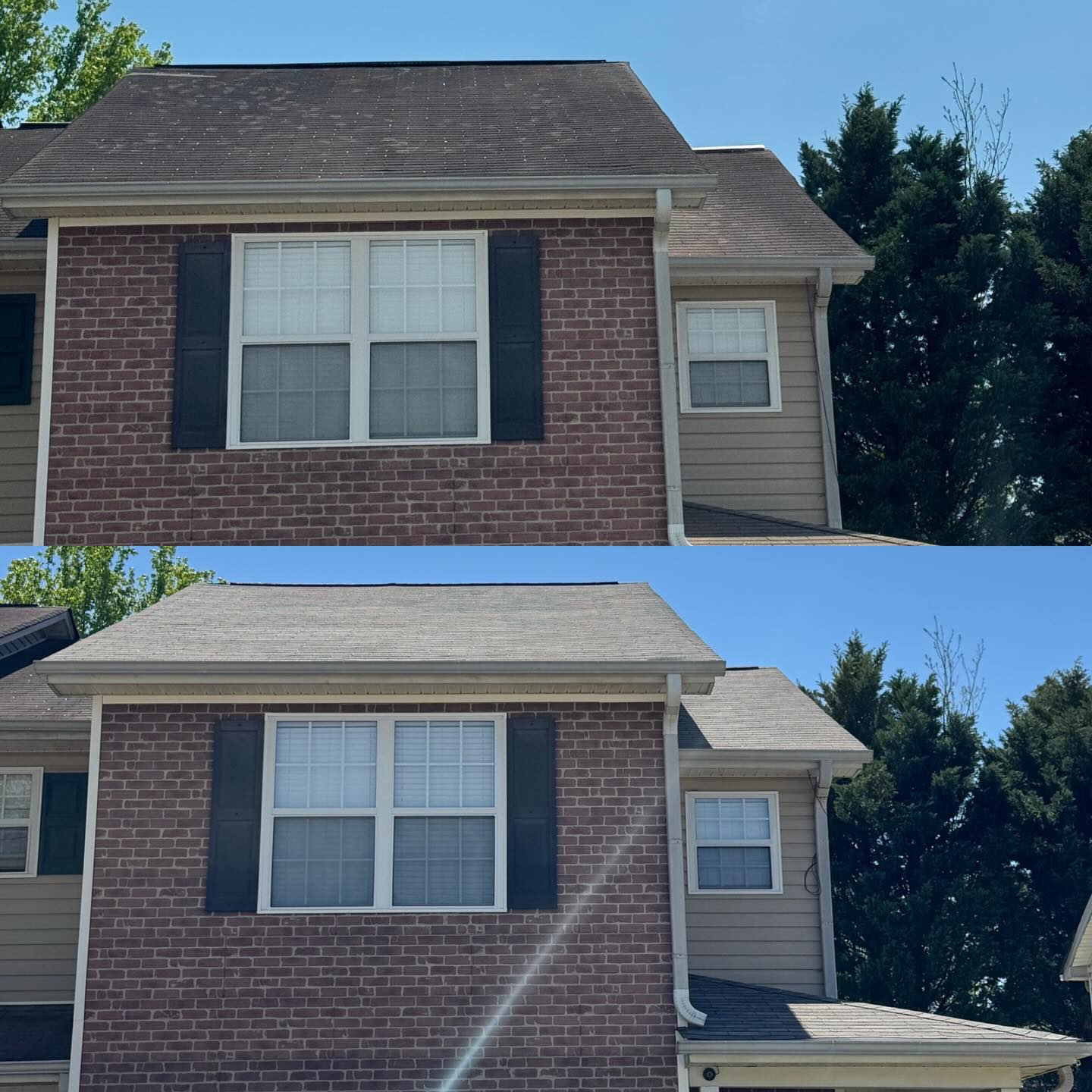 Before and after photos on this town home with a New GAF 3tab Weathered Wood Shingle tied in with neighbors older roof… #gafcertified