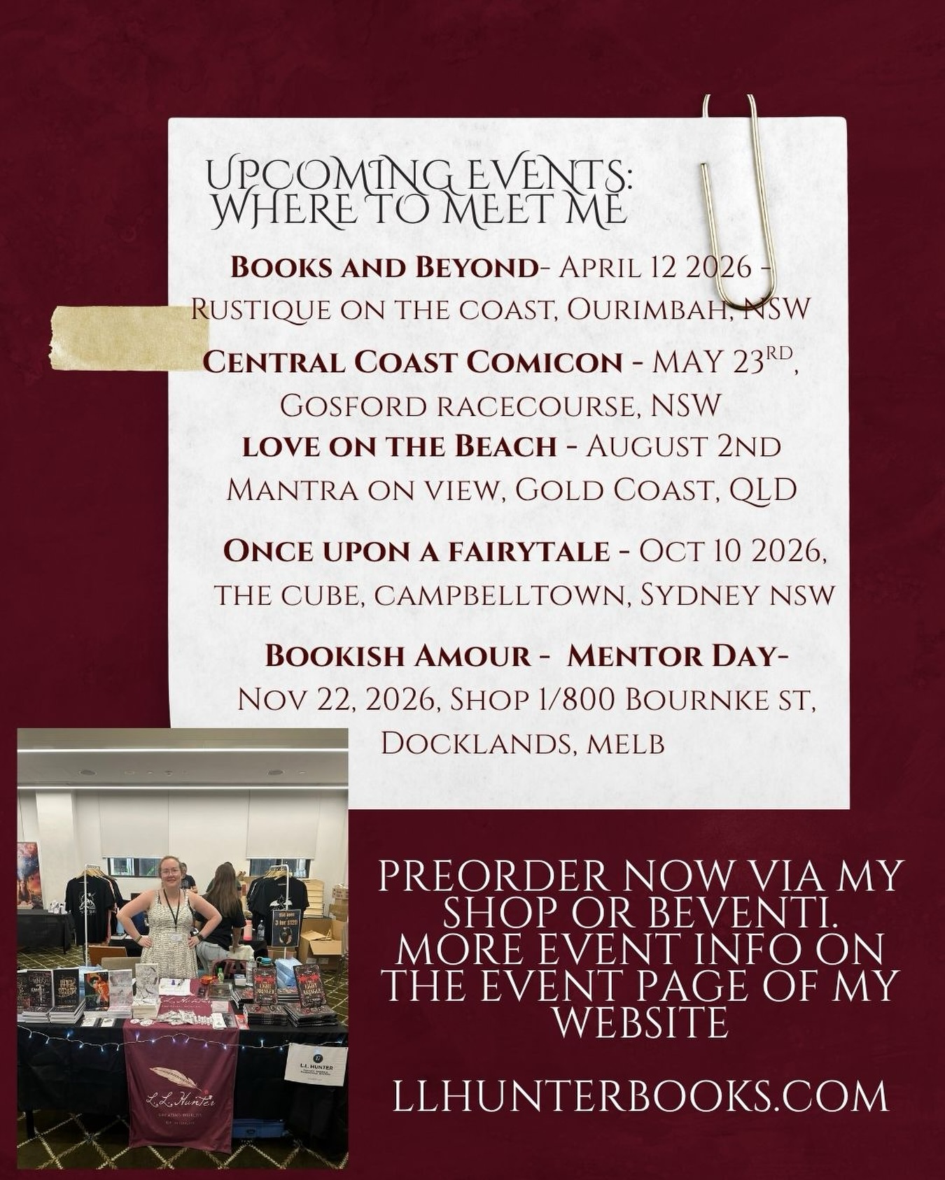 Updated signings and preorders! The events page and graphic have been updated. They’re current.
@loveonthebeachaus @onceuponafairytaleaus and @bookish.amour are currently open for preorders. Head to my shop on my website or @beventi.co to preorder
#booksigning #indieauthorlife