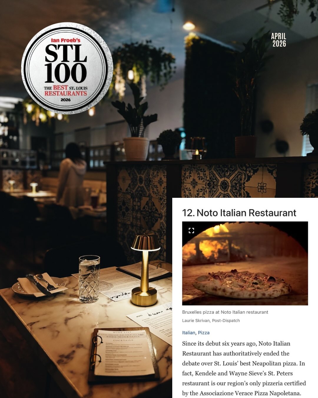 Noto honored to be included in the Top 100 once again. #12 Noto
This recognition is a direct reflection of our teamâs hard work, passion, and dedication in bringing our vision to life and creating the experience we strive for every day.
And to our guests, thank you for your continued support, trust, and for being part of what makes Noto so special.
Thank You @ianfroeb and @stltoday
