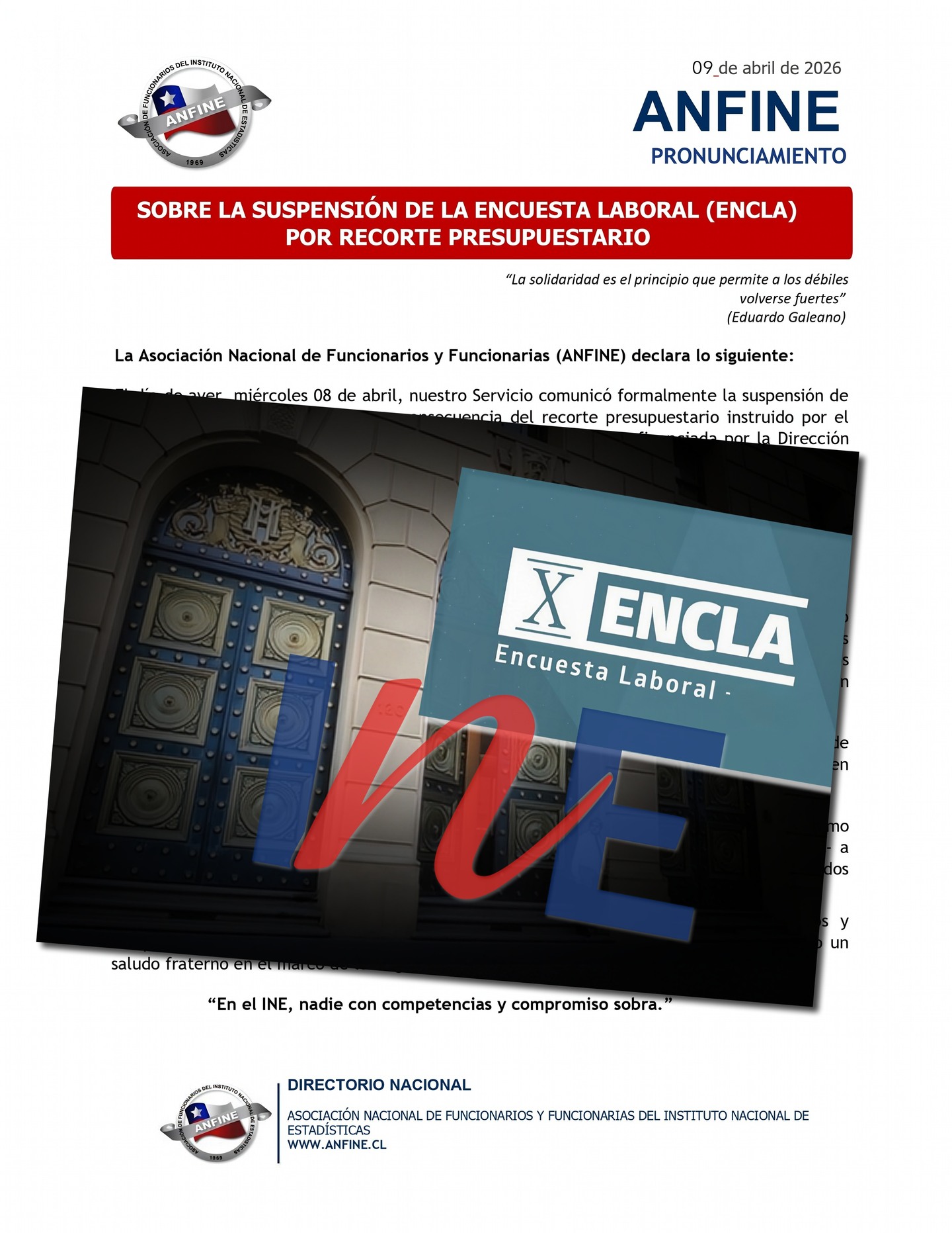 📌 ANFINE SOBRE LA SUSPENSIÓN DE LA ENCUESTA LABORAL (ENCLA) POR RECORTE PRESUPUESTARIO
ANFINE informa a sus asociados, asociadas y a la opinión pública sobre la suspensión de la Encuesta Laboral (ENCLA), medida que responde al recorte presupuestario instruido por el Ministerio de Hacienda y que *genera preocupación por sus efectos en el empleo, la producción de información pública y el fortalecimiento de las políticas laborales*. Compartimos a continuación nuestro pronunciamiento oficial.
📌 Revisa el comunicado en www.anfine.cl
#ANFINE #ENCLA #InstitutoNacionalDeEstadísticas #Trabajo #Empleo #PolíticasPúblicas #DefensaDelEmpleo #InformaciónPública