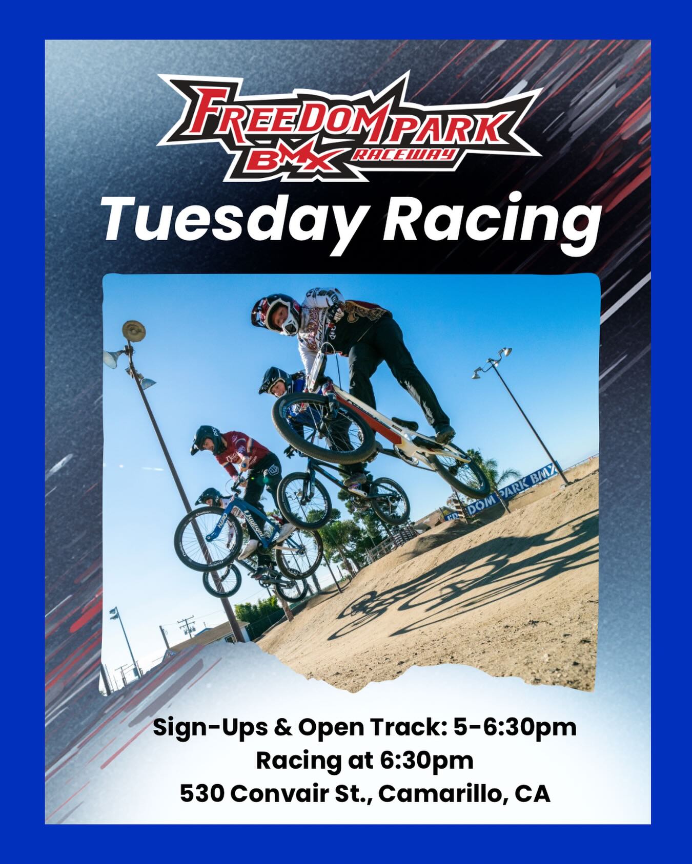 Tuesday racing at Freedom Park BMX! Grab the crew and let’s ride 🙌
Sign-ups and open track: 5-6:30PM, racing begins at 6:30PM. $15 per racer. All riders welcome!
See you at the track!
#freedomparkbmx #usabmx #bmxracing #venturacounty #camarillo