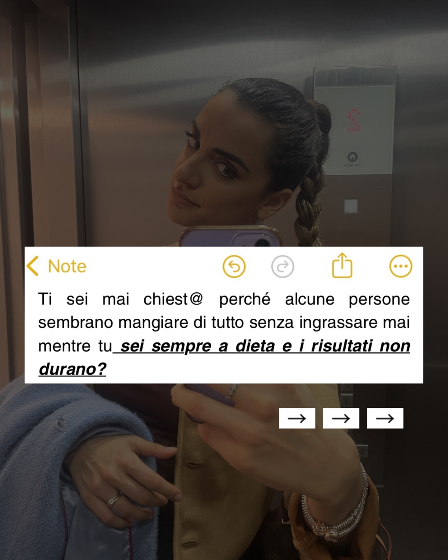 Se non ne puoi più della parola dieta, calorie e sgarri sei nel posto giusto😎
Con i miei percorsi, sia in presenza che online, ti farò per sempre dire addio alle diete restrittive perchè
ti insegno un metodo che ti permette di bilanciare tutto ciò che ti va (dai dolci, alla pizza) nella tua quotidianità in maniera sana😎
Solo cosi raggiungerai l’equilibrio alimentare e manterrai non solo il corpo che desideri ma anche l’energia e la salute, per sempre.
Non ti serve l’ennesima dieta ipocalorica.
Ti serve un metodo che puoi applicare per tutta la vita ❤️🩹