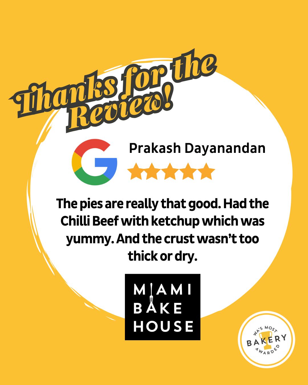 Thank you for your amazing review Prakash! We love to hear that you enjoy our Chilli Beef Pie.
You can share your thoughts too! Let our friendly team know how you found your experience with us through the link in our bio and enter our monthly draw to win a $100 Miami Bakehouse Gift Voucher.
