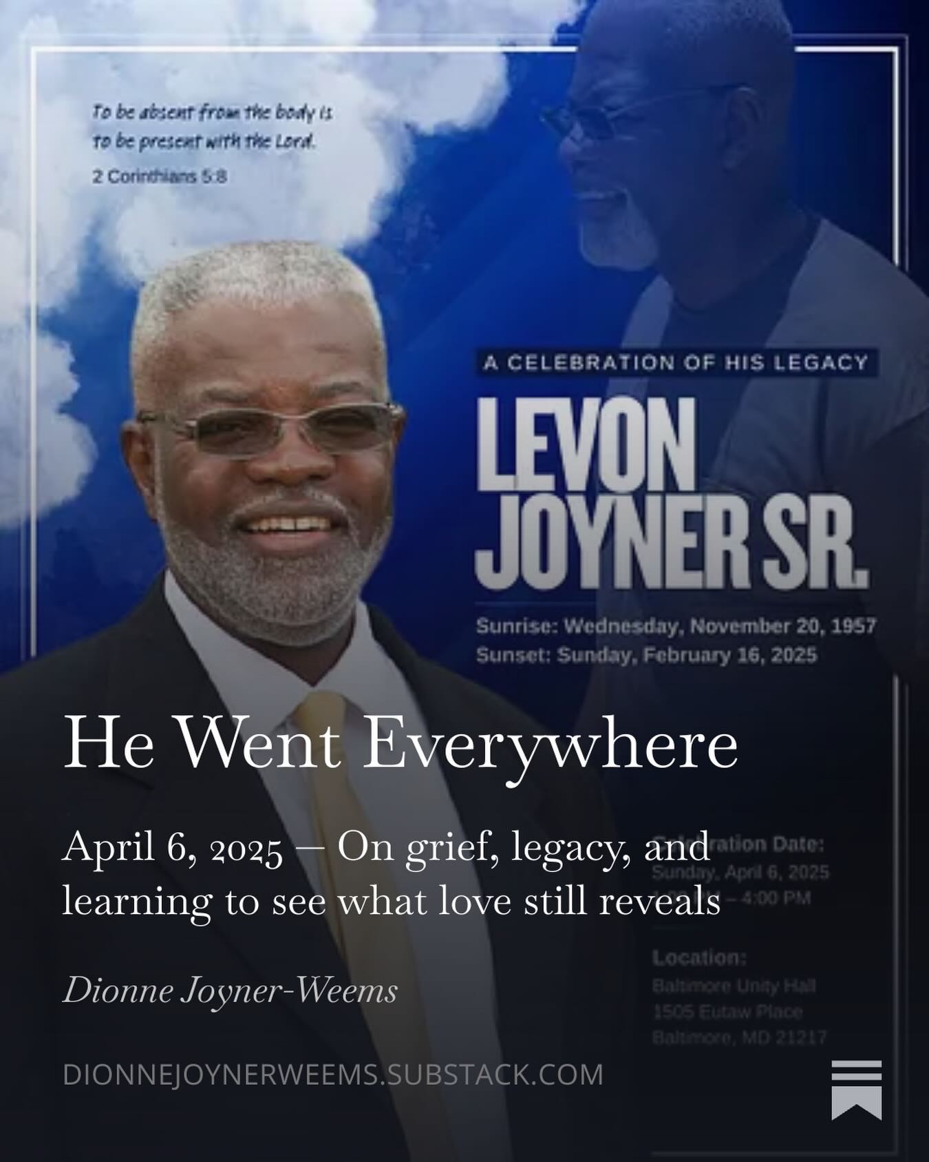 🟧 He Went Everywhere
April 6, 2025– On grief, legacy and learning to see what love still reveals
🔗 Link in bio | 5-minute read.
#dionnejoynerweems