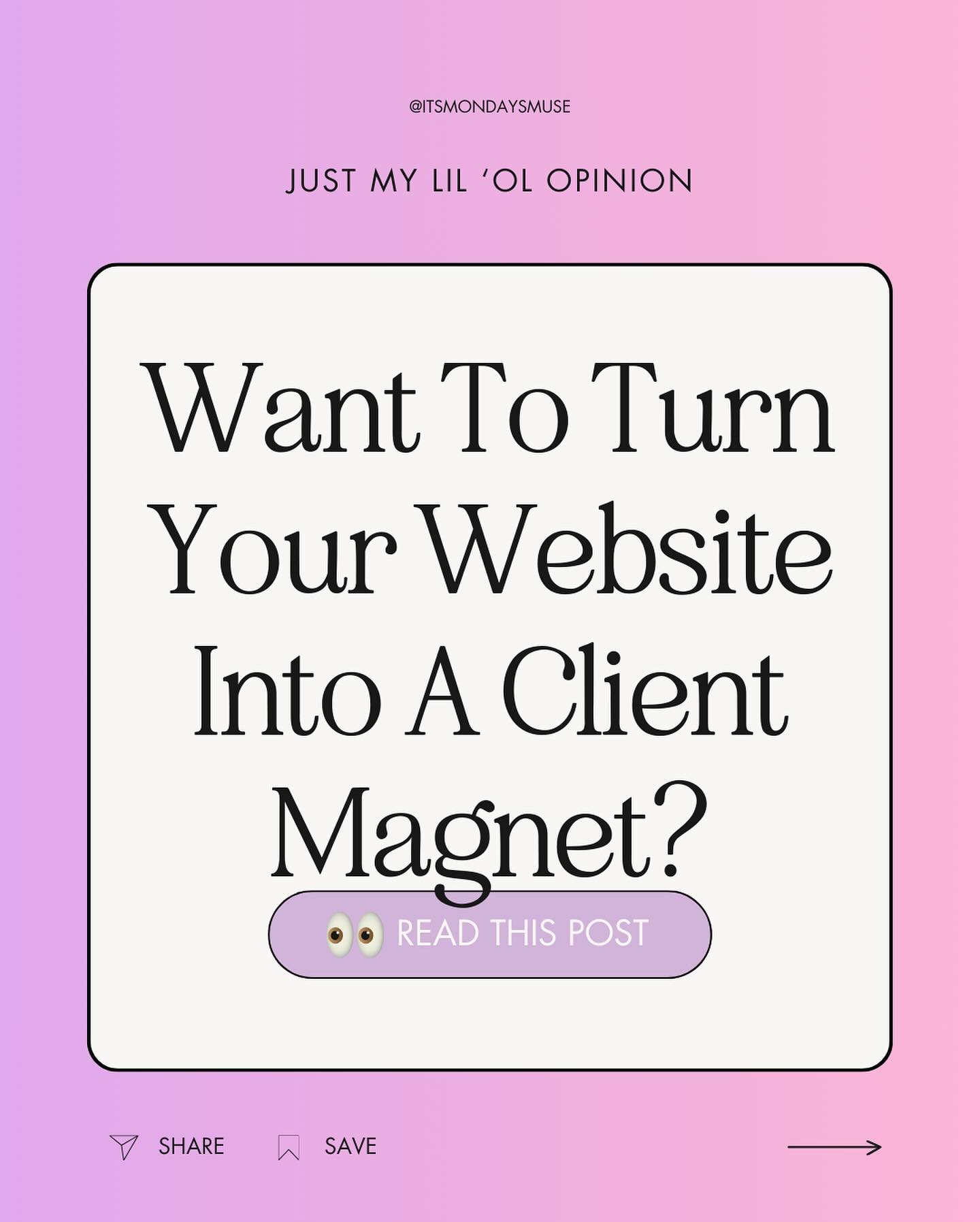 Want to turn your website into a client magnet?
Well, I hate to break it to ya but it isnât just about flashy designs or catchy slogans; itâs about strategic moves that make you unforgettable.
From an SEO strategy that gets you found to copy & content that keeps âem coming back for more, Iâve listed a few strategies to help you out.
So swipe right and then click the link in my bio for my latest blog post to help you increase your siteâs conversions. #itsmondaysmuse
#websitedesign #websiteconversion