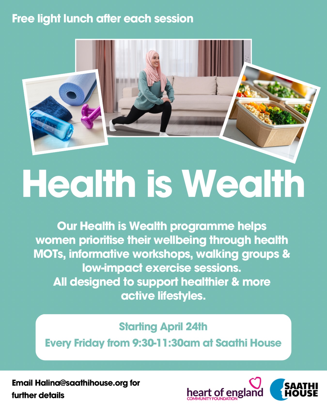💚 Health is Wealth 💚
Join our Health is Wealth programme and take time to prioritise your wellbeing in a supportive, welcoming space for women, funded by @heartofenglandcf
✨ Health MOTs
✨ Informative workshops
✨ Walking groups
✨ Low-impact exercise sessions
✨ Free light lunch after each session
📍 Saathi House
🗓 Starting April 24th
⏰ Every Friday | 9:30-11:30am
Ready to build healthier, more active habits with a community around you?
📩 Email Halina@saathihouse.org for further details
#HealthIsWealth #WomensWellbeing #HealthyLifestyle #CommunityHealth #WellnessJourney