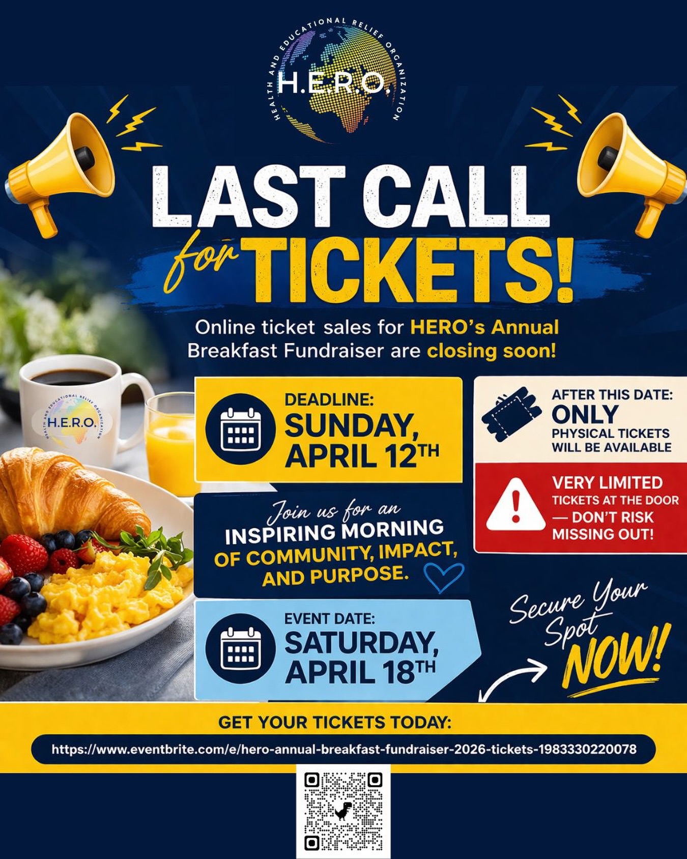 🚨 LAST CALL FOR TICKETS! 🚨
Online ticket sales for **HERO’s Annual Breakfast Fundraiser** are closing soon!
🗓 **Deadline:** Sunday, April 12th
🎟 After this date: ONLY limited physical tickets will be available
⚠️ Very limited tickets at the door — don’t risk missing out!
Join us for an inspiring morning of community, impact, and purpose 💙
📅 **Event Date:** Saturday, April 18th
Secure your spot NOW before it’s too late:
👉 https://www.eventbrite.com/e/hero-annual-breakfast-fundraiser-2026-tickets-1983330220078
#HEROGlobal #Fundraiser #CommunityImpact #LastCall #GetYourTickets