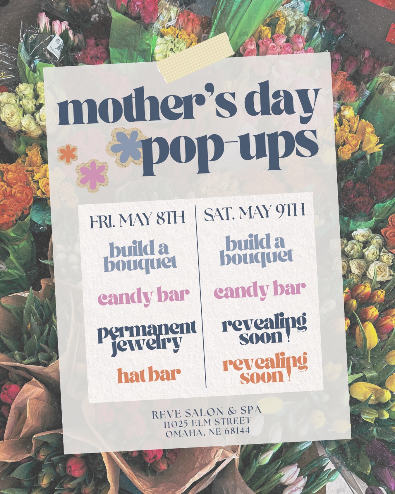 Moms, this one’s for you!
Celebrate Mother’s Day with us at Reve Salon & Spa
Friday, May 8th
🌸 Build a bouquet
🍬 Candy bar
✨ Permanent Jewelry pop-up
👒 Hat bar pop-up
Saturday, May 9th
🌸 Build a bouquet
🍬 Candy bar
More information to come on fun pop-ups this day!
#revesalonandspa #mothersday #mothersdaypopup #rockbrookvillage #omahasalon