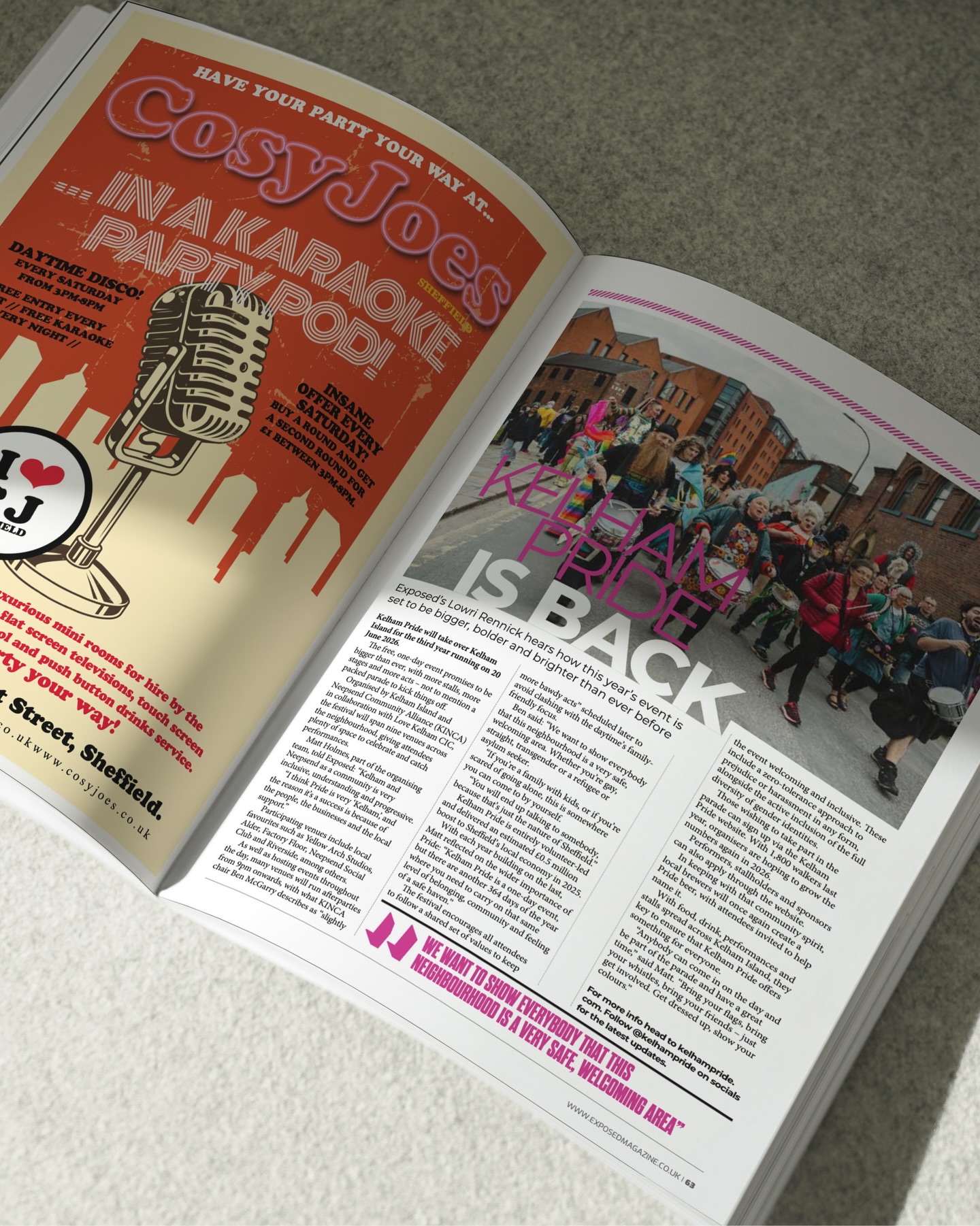 Lovely to see @kelhampride featured in the latest @expmagsheff issue 🌈
This yearly neighbourhood event is coming back on 20th June, ready for the Kelham community and its friends to join in with the parade, and see what Pride is all about.
Our very own Matt Holmes has been part of the organising team and spoke to Exposed about what Pride means to the community, alongside Kelham Island and Neepsend Community Alliance (KINCA) chair, Ben McGarry.
Read the full feature on the Exposed Magazine website.