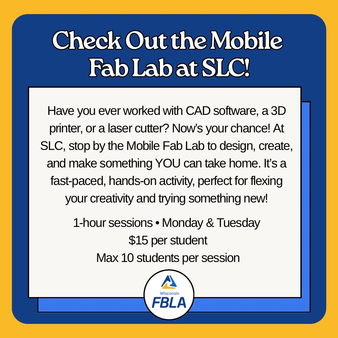 Check out the mobile FAB Lab at SLC! You can find more information here: https://02d9e222-d79c-4f98-8e91-2d4ad5397563.filesusr.com/ugd/7753fa_13dd601d69b24dd18a81cd7172bc96e9.pdf!