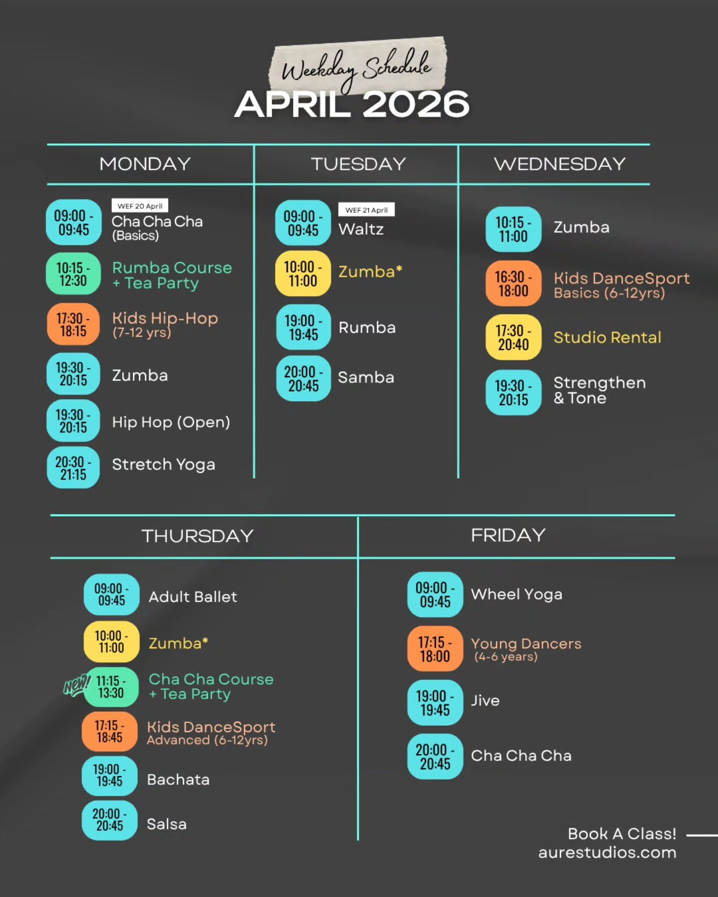 April schedule is out! π
For more information on our classes, visit aurestudios.com or check out the link in bio!
#sgdancesport #aurestudios #sgdance #latindance #ballroomdancesingapore