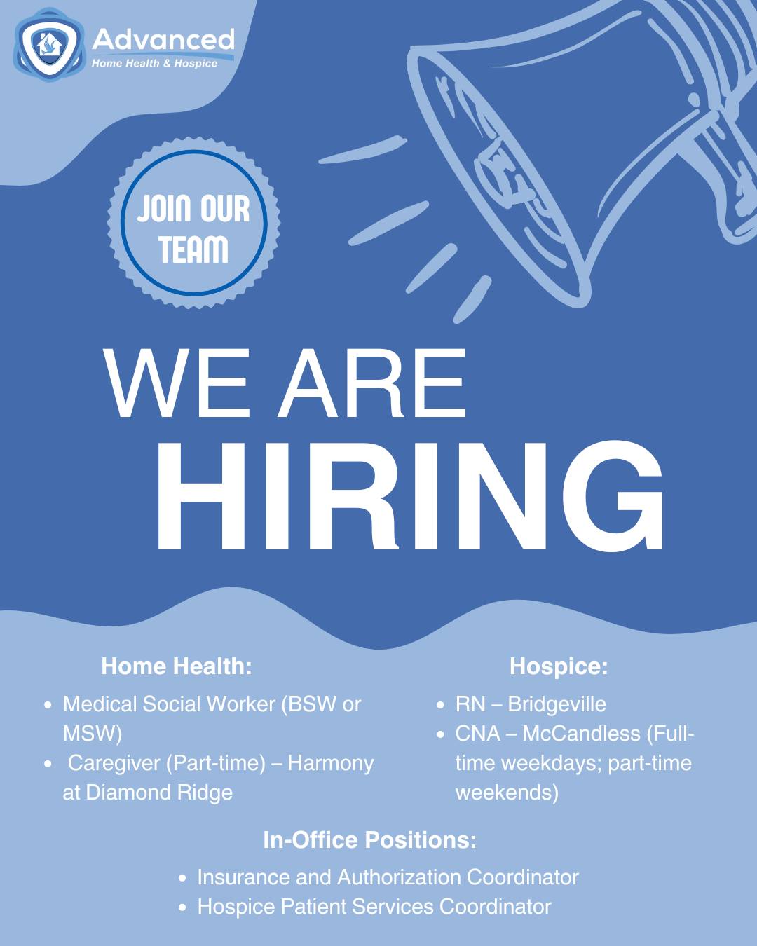 We're hiring! Join our team and make a difference in the lives of the patients and families we serve every day. Visit our website to apply today.
#AdvancingTogether #Hiring #HomeHealth #Hospice