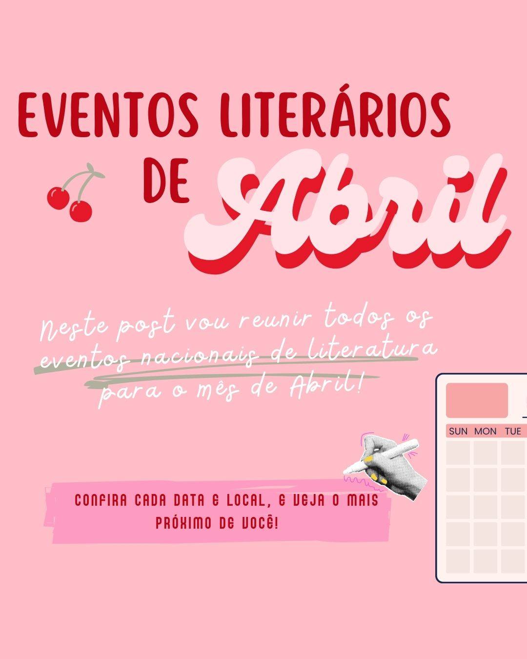🌟 Como somos organizadas (ou tentamos ser), aqui estão todos os eventos literários nacionais do mês de Abril.
💋 Feiras de livros, Bienal e muitos lugares com entrevistas e promoções! Agora é só escolher o local mais próximo para você, e chamar aquela amiga que AMA comprar livros!!
📖 Você estará presente em alguma dessas datas?
#bookstagrammer #EventosliteráriosdeAbril #livros #bookstagram #feed