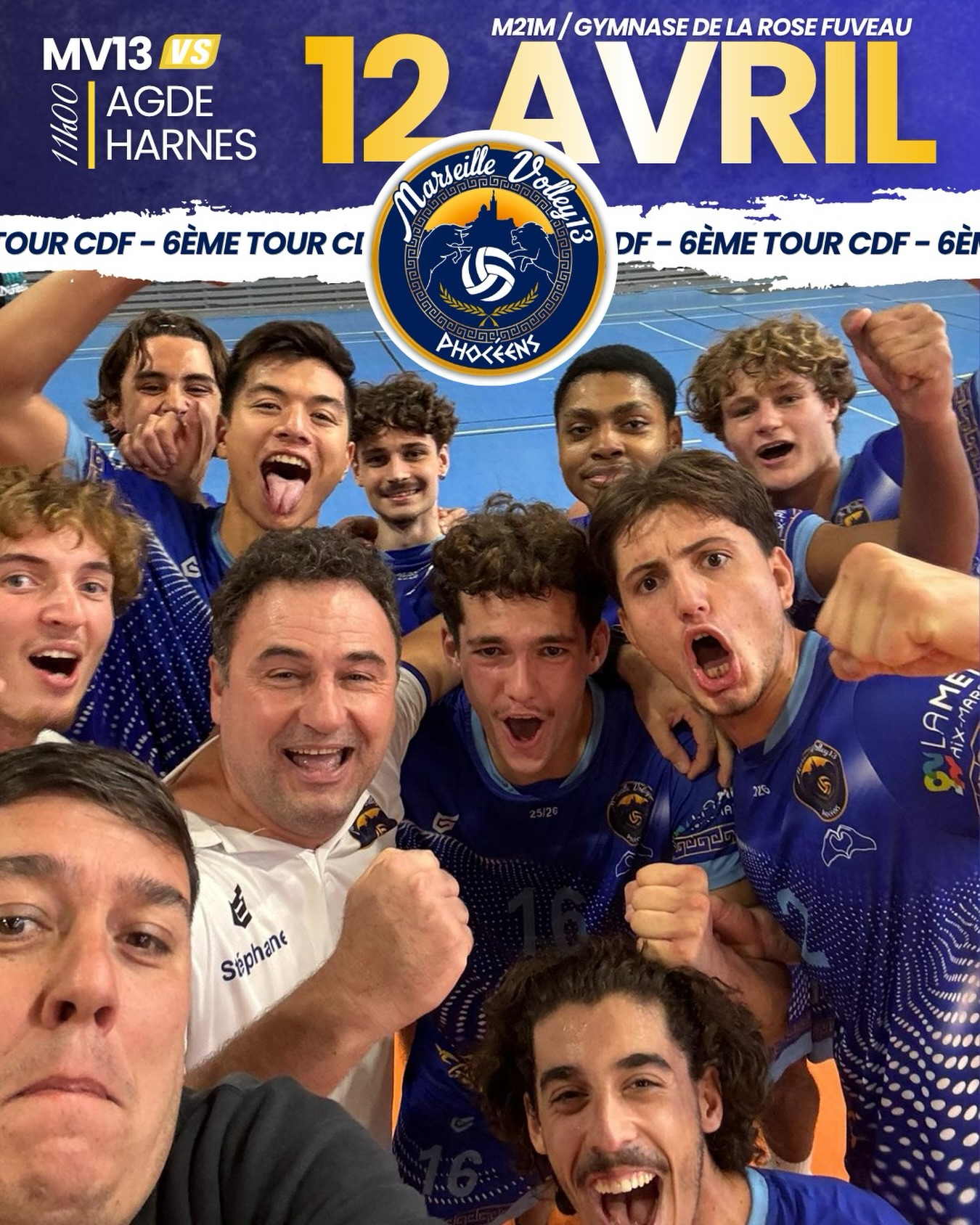 🏆 COUPE DE FRANCE 🏆
On vous attend nombreux sur les tribunes pour mettre le feu et faire un maximum de bruit ! Nos jeunes ont besoin de votre énergie pour franchir ce 6ème tour. 👏🔥
Infos pratiques :
📍 Lieu : Gymnase de la Rose Fuveau
🗓️ Date : 12 Avril à 11h00
⚔️ MV13 vs AGDE HARNES vs HARNES
Venez faire du bruit, allez Marseille ! 🔵⚪