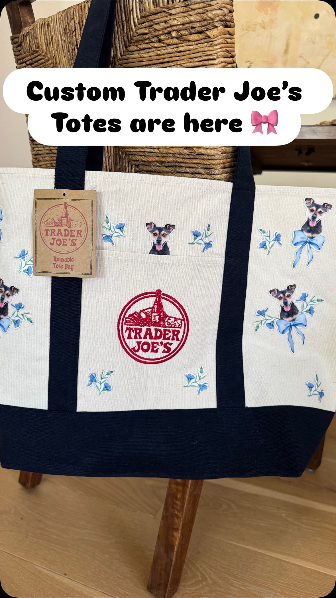 I did a thing and I love it!! Drop a comment if you would want a custom tote bag too!💙💙
#traderjoesflowers #dogmom #traderjoesfinds #traderjoes #traderjoesobsessed